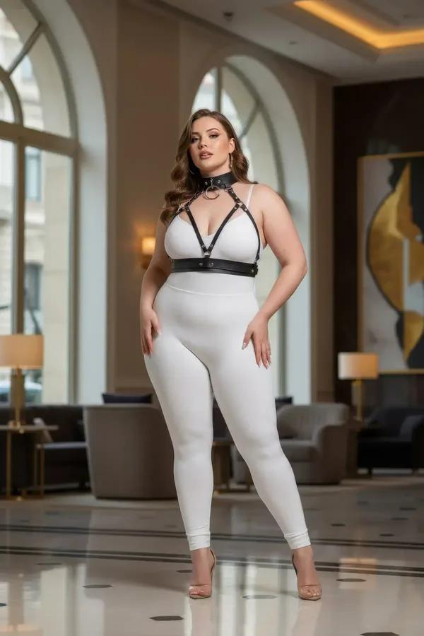 büyük beden siyah vegan deri harness takımı O-ring boyunluk ve rivet alt bant ile plus size kadın üzerinde