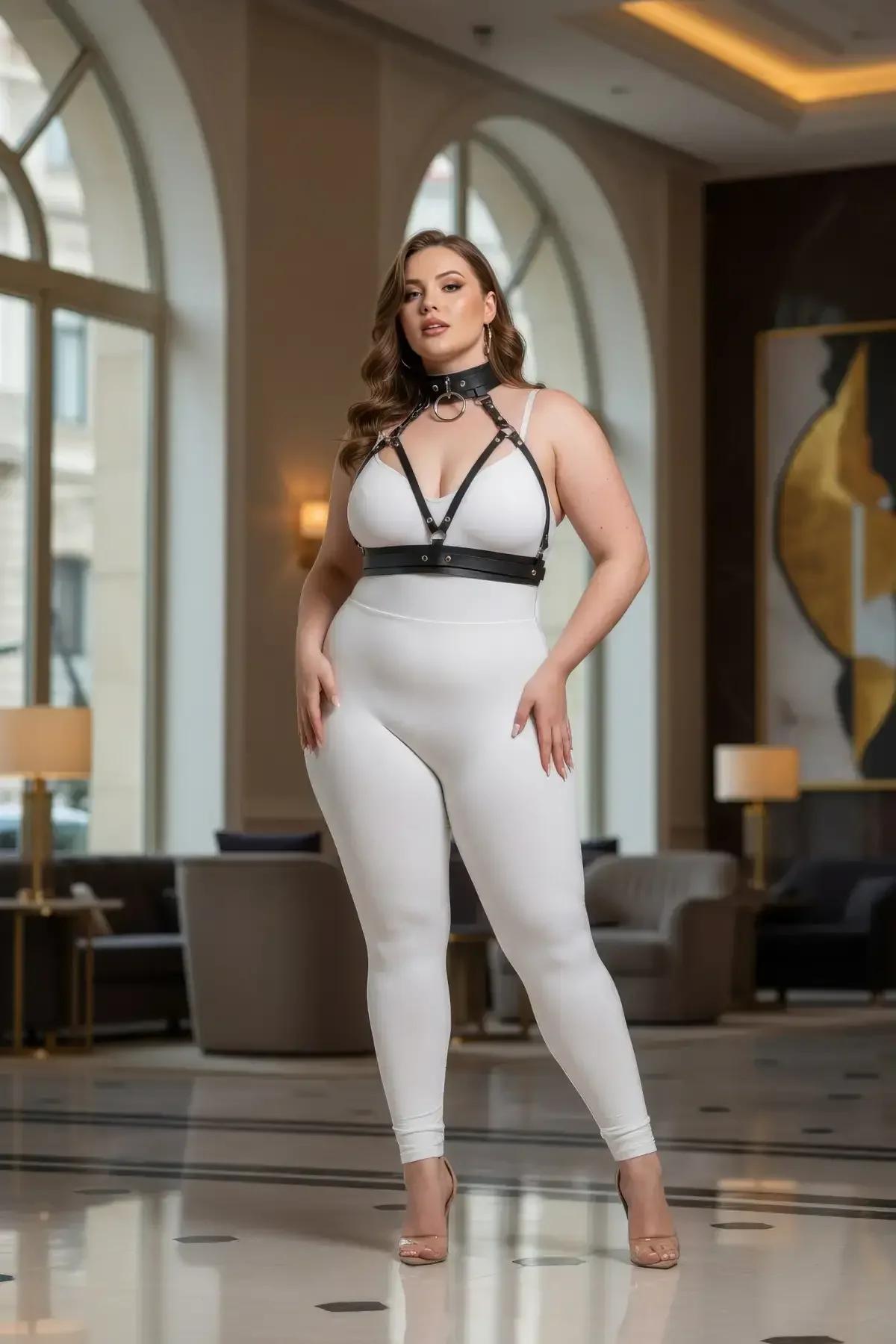 black strappy chest harness layered over white bralette full body styling shot