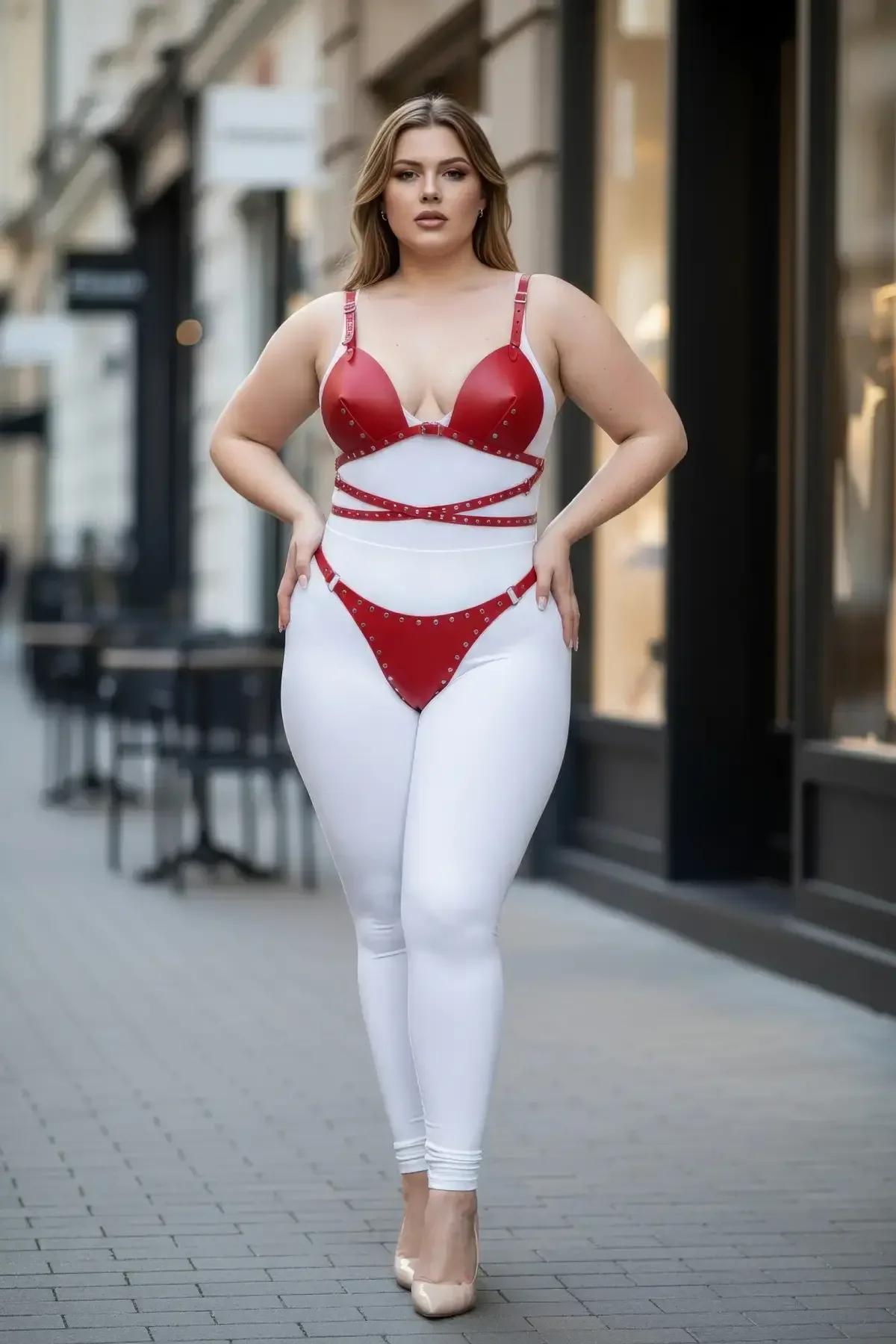 Red faux leather harness set showing hip band and adjustable slider hardware, side angle
