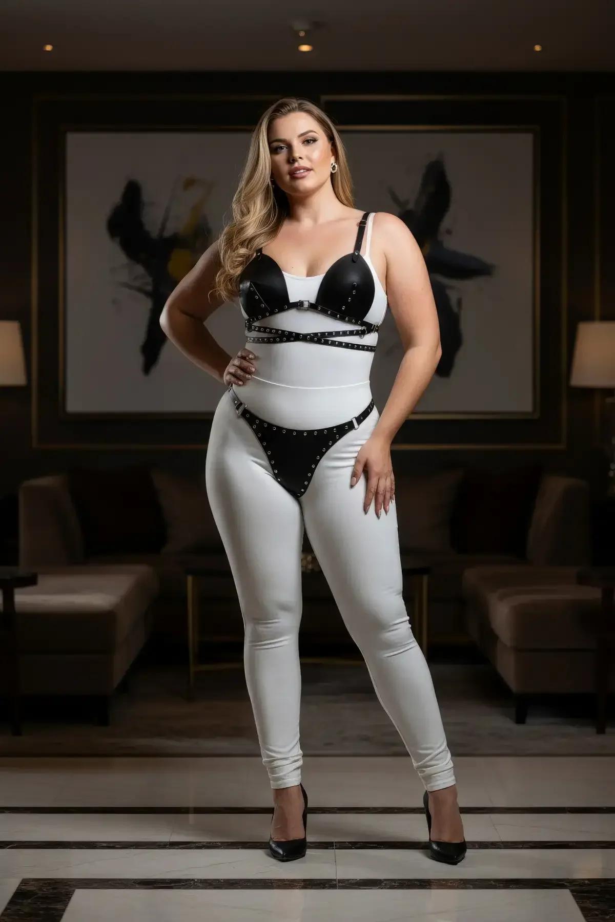 full-length side view of black studded leather bra top and thong harness worn as a coordinated two-piece set