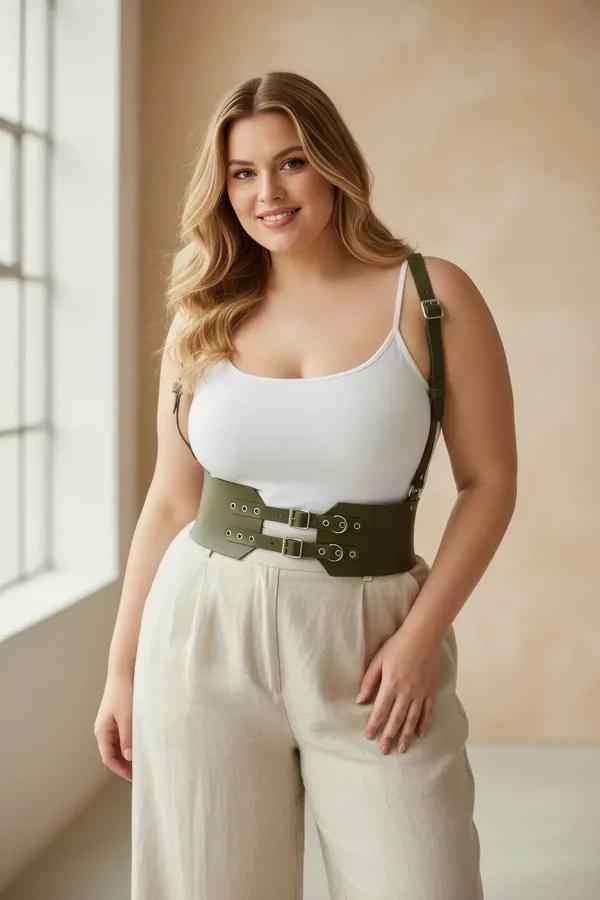 olive green wide faux leather waist harness with adjustable shoulder straps and silver buckle hardware worn over white tank t