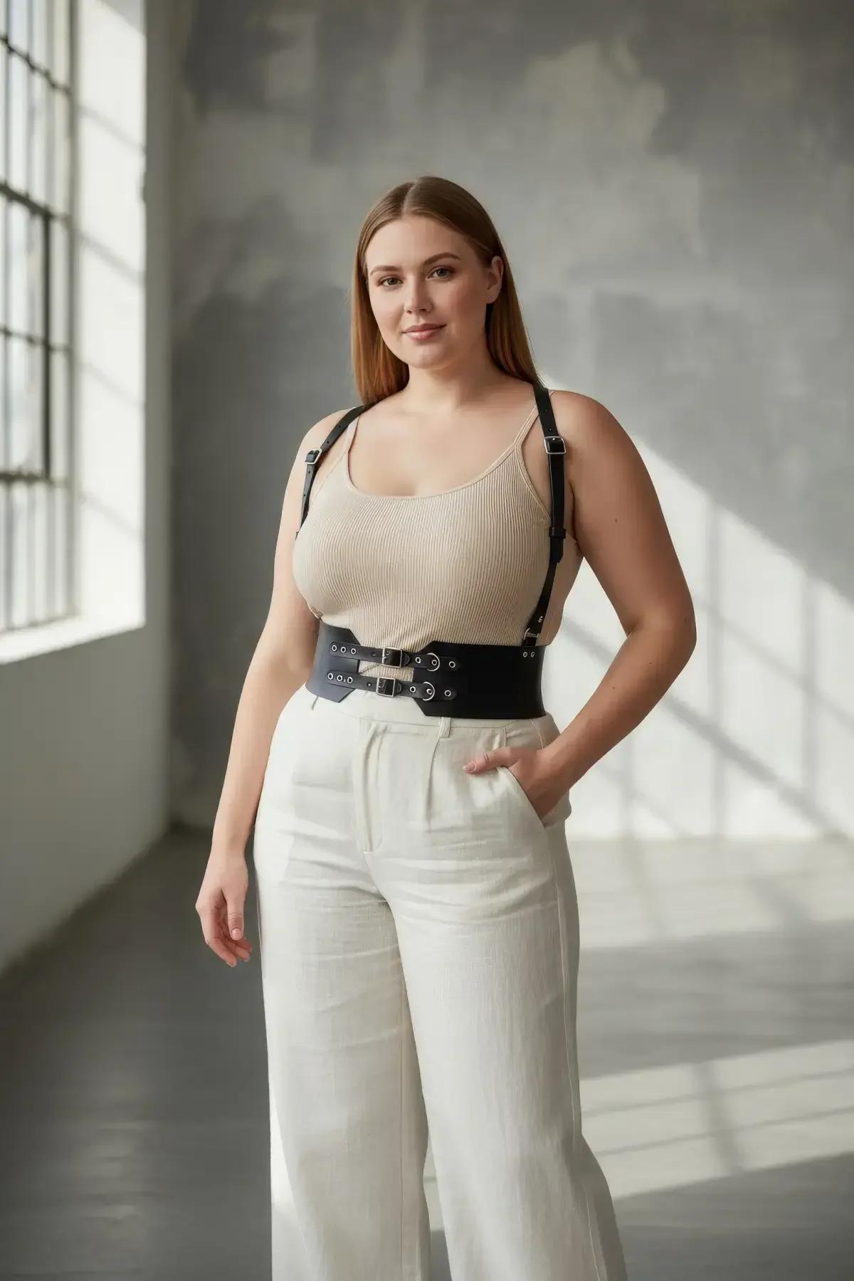 front view black vegan leather wide waist harness showing double-row eyelet panel and silver buckle hardware