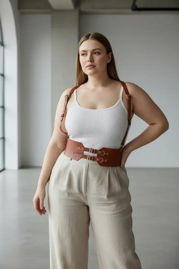 tan faux leather waist cincher harness with double buckle closure and adjustable shoulder straps worn over cream bodysuit