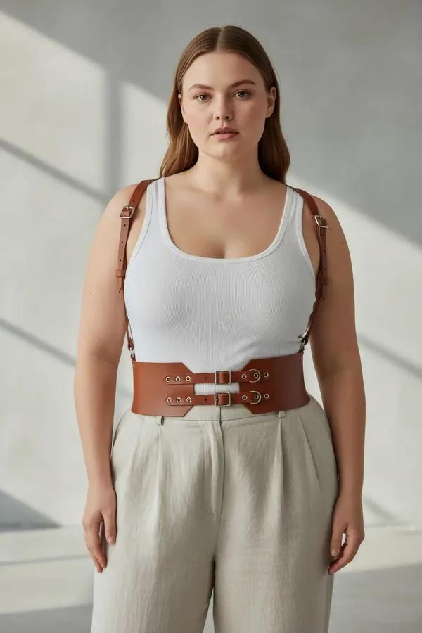 tan faux leather waist cincher harness with double buckle closure and adjustable shoulder straps worn over cream bodysuit