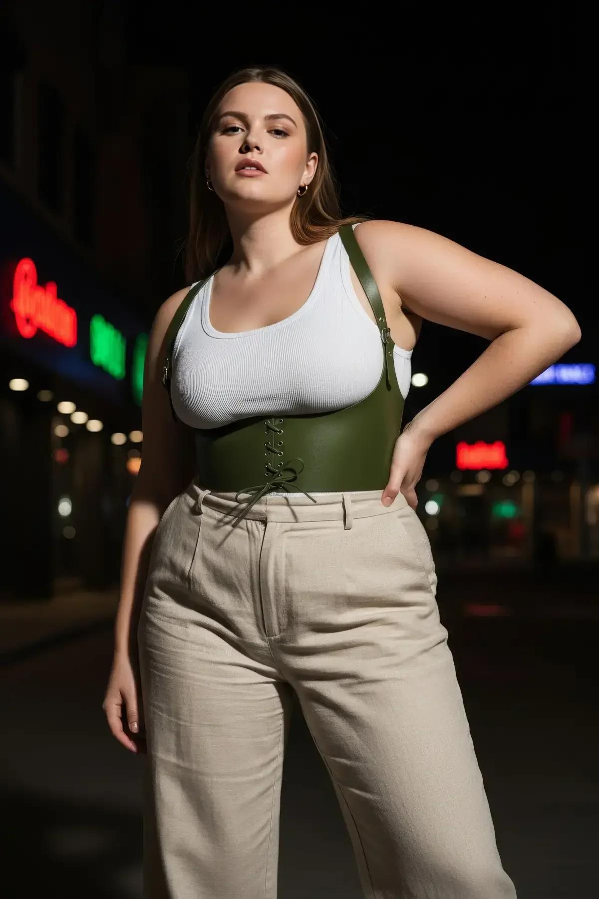 olive green faux leather corset harness styled over white top with wide-leg trousers daytime look