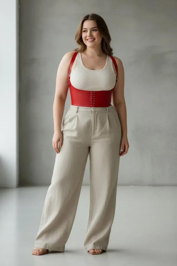 red faux leather corset belt with gold eyelets lace-up front and wide shoulder straps worn over cream tank top