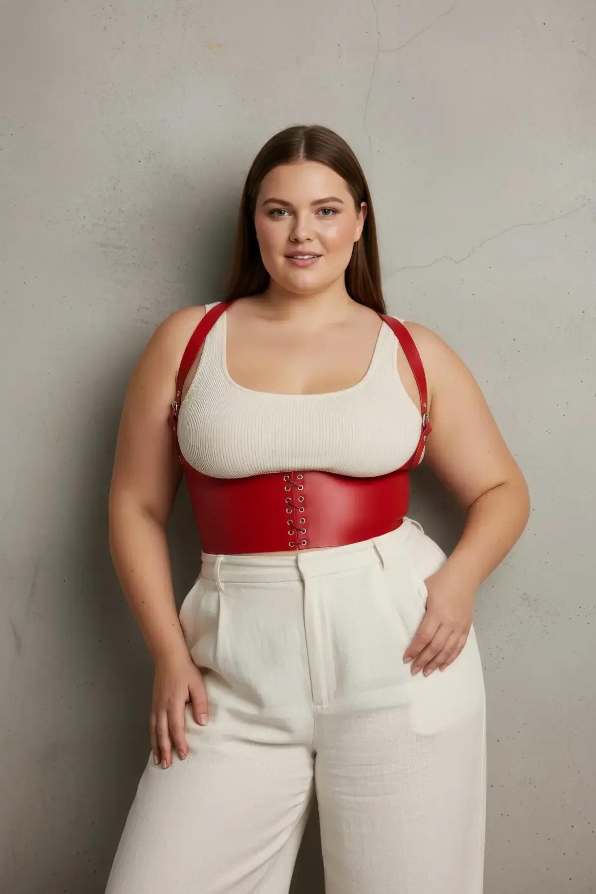 red faux leather underbust corset belt shoulder straps layered over neutral midi skirt outfit