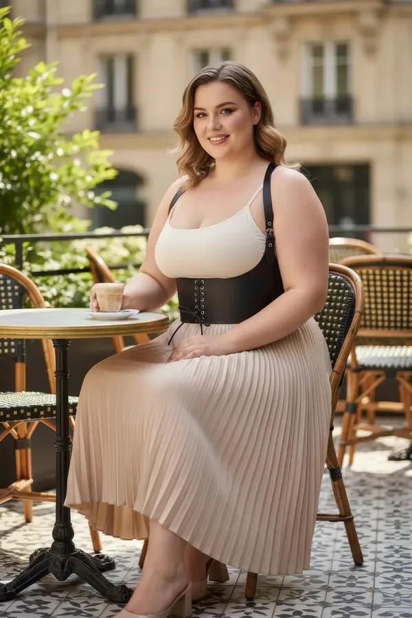 Black faux leather lace-up underbust corset harness with adjustable shoulder straps worn over cream camisole