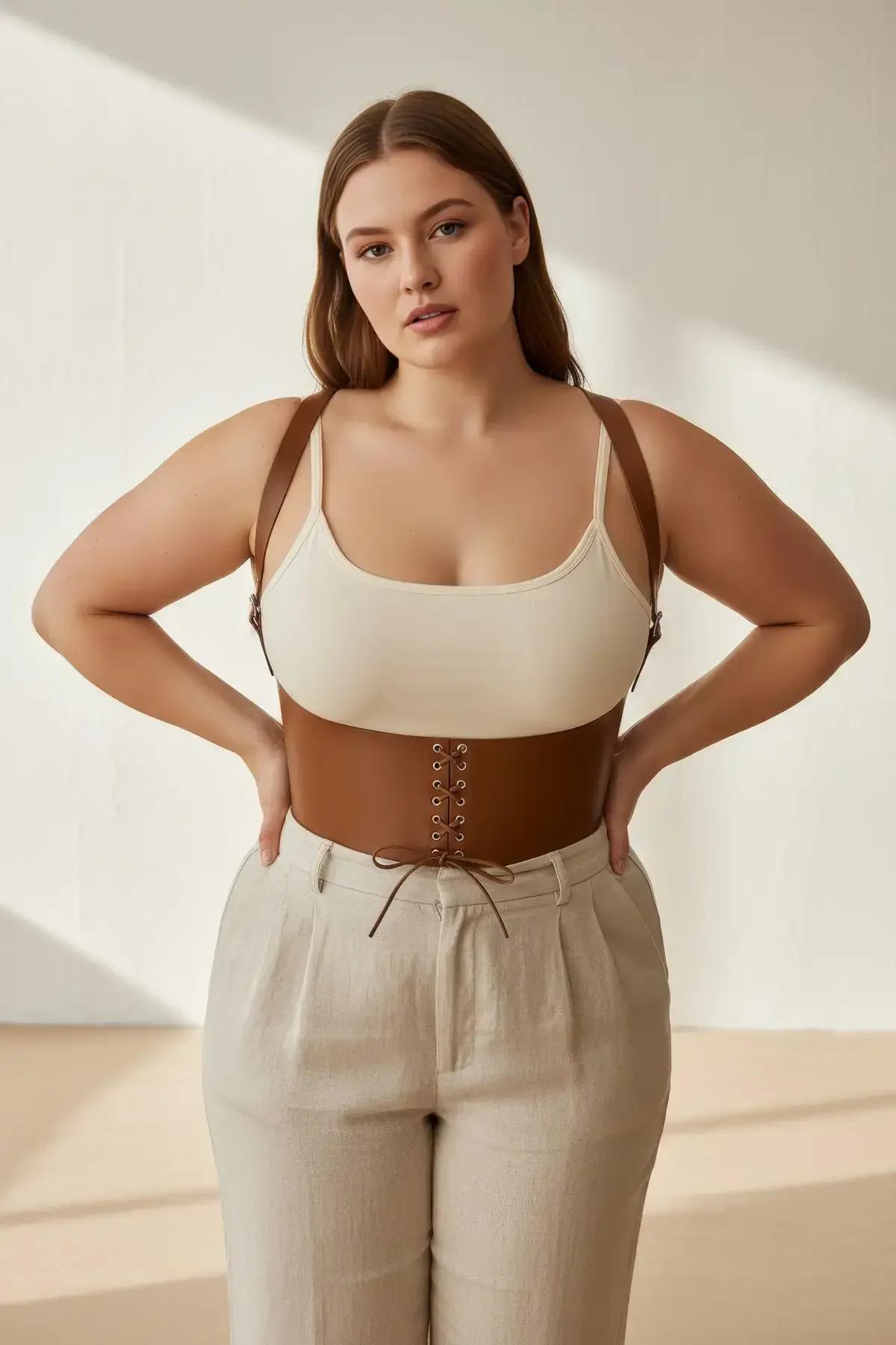 close-up of tan faux leather corset harness front lace-up cord with brass eyelets detail