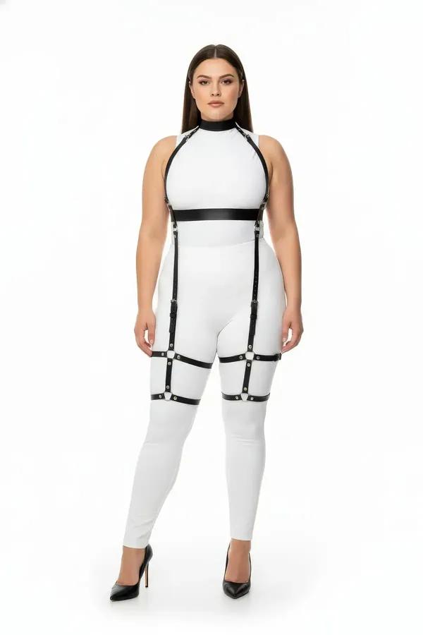 siyah vegan deri full body harness büyük beden gümüş metal tokalı boyun göğüs bel uyluk kayış takım