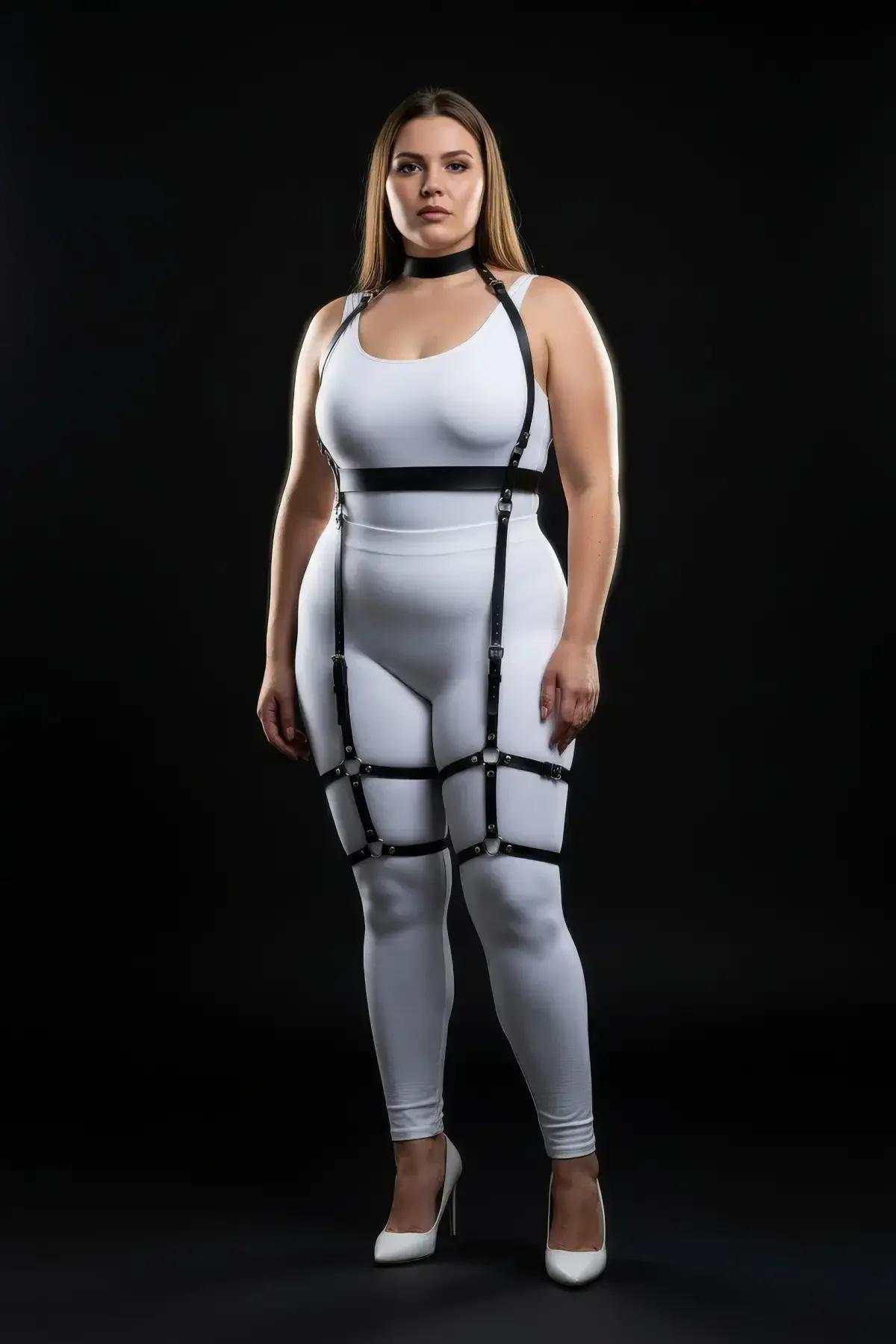 Black vegan leather full body harness showing halter neck and underbust anchor band with silver O-ring detail, front view
