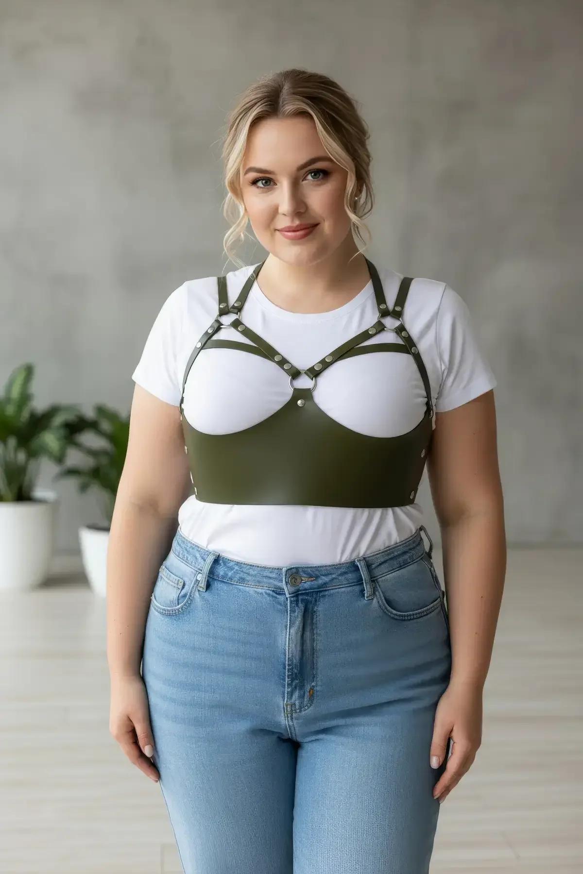 back view of dark olive underbust harness showing hook-and-eye closure and 1.2 cm shoulder straps