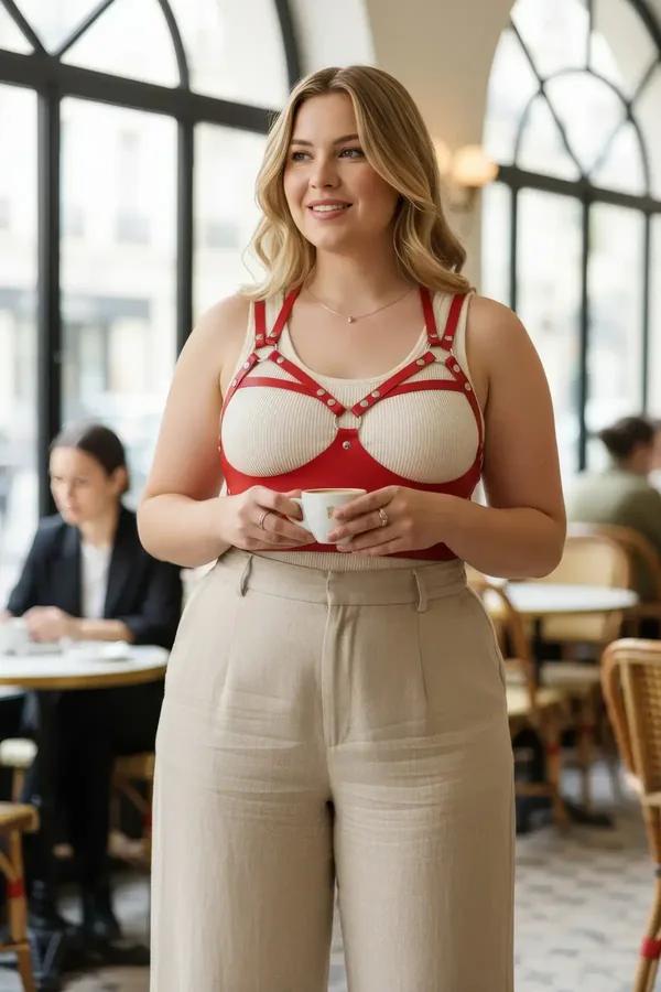 Red faux leather strappy chest harness bra with silver stud rivets worn over cream ribbed tank top on plus-size model