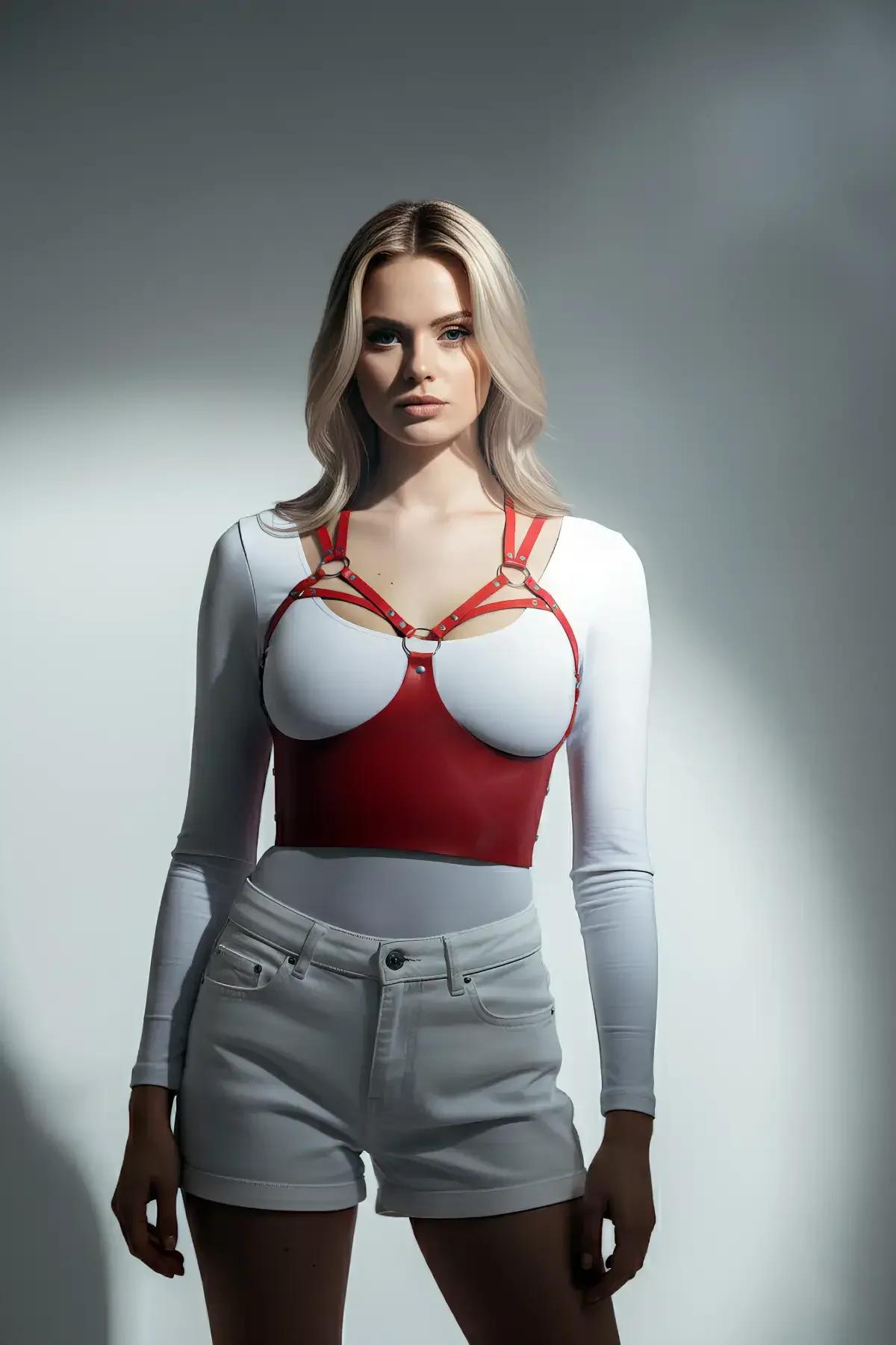 front view red faux leather underbust panel harness with central silver O-ring and rivet studs