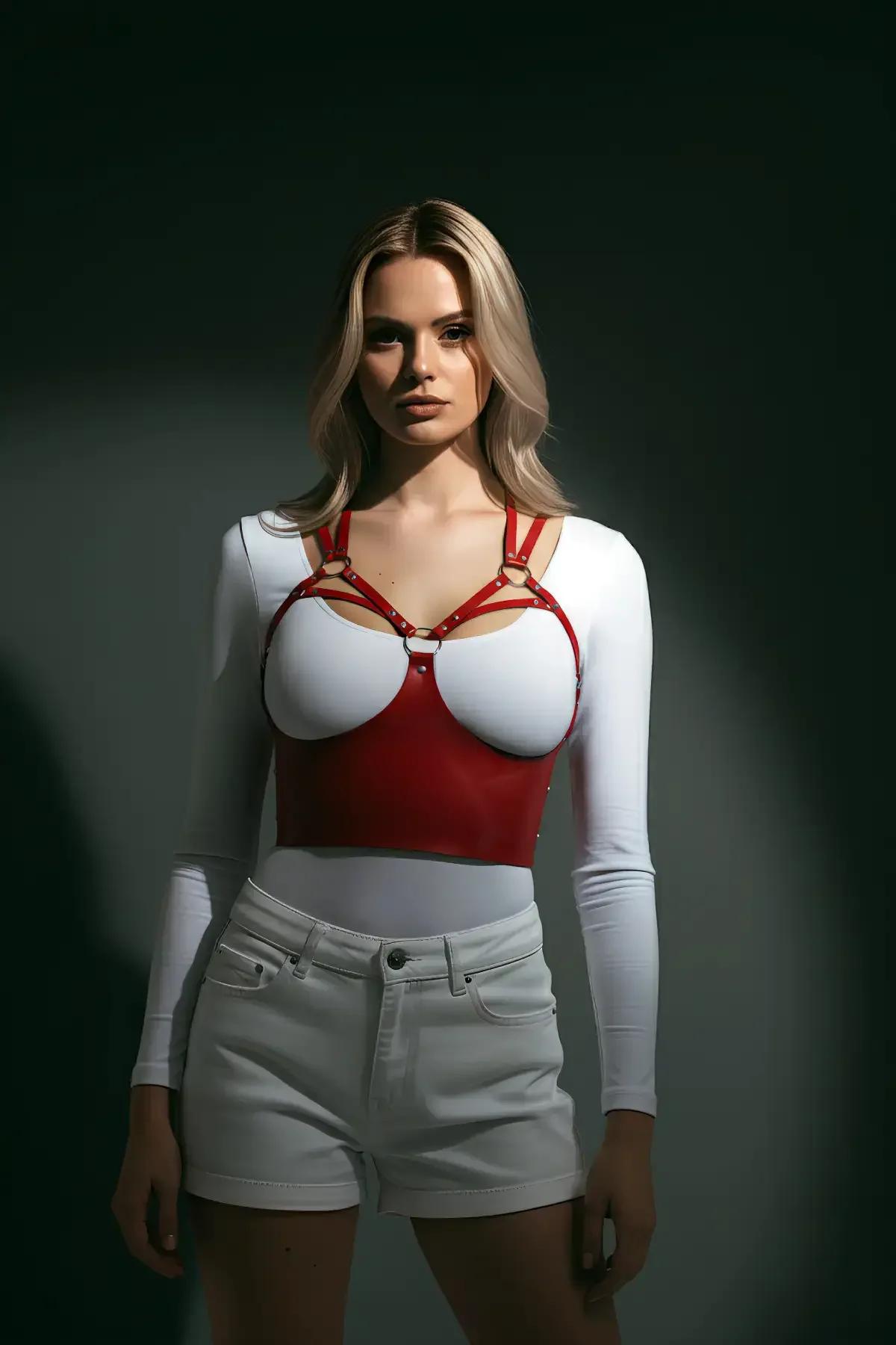 side angle red panel chest harness showing side-clip closure and adjustable shoulder strap detail