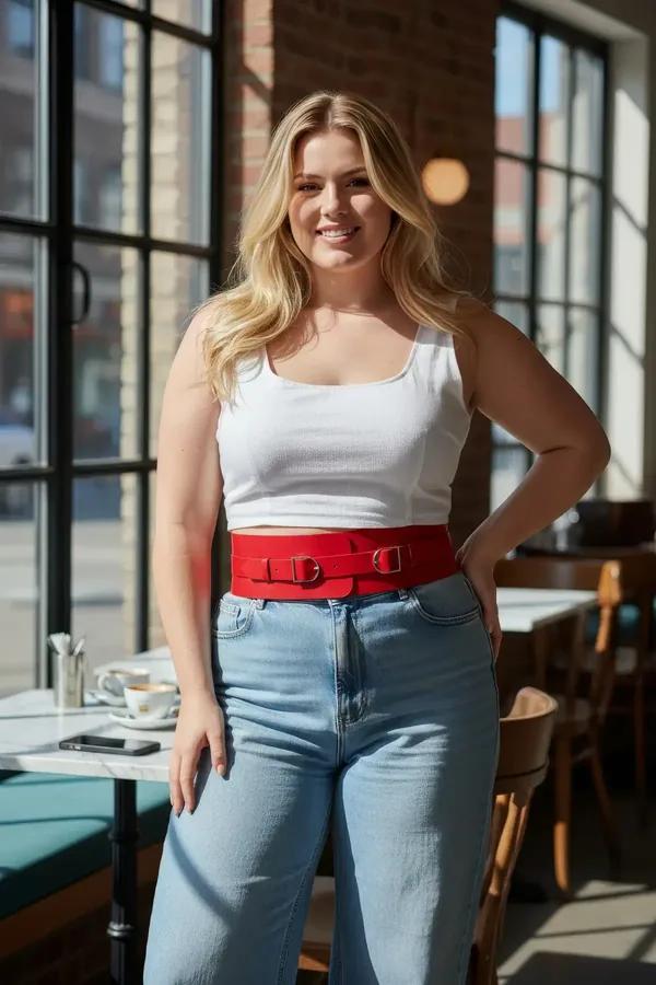 Red wide faux leather waist harness with two silver D-ring buckles worn over white crop top and light blue jeans
