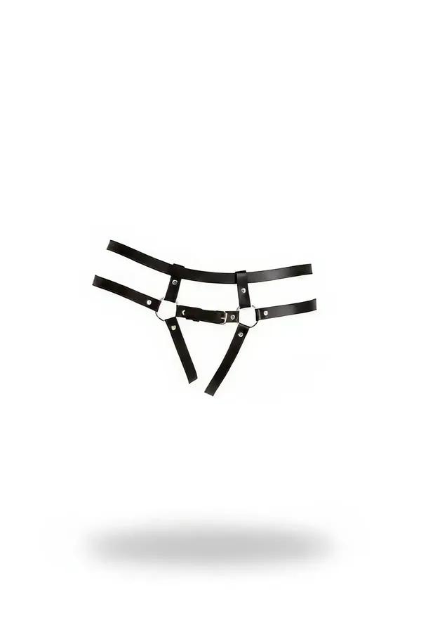 Siyah suni deri harness tanga gümüş O-halkası ve çift bel bandı detayı