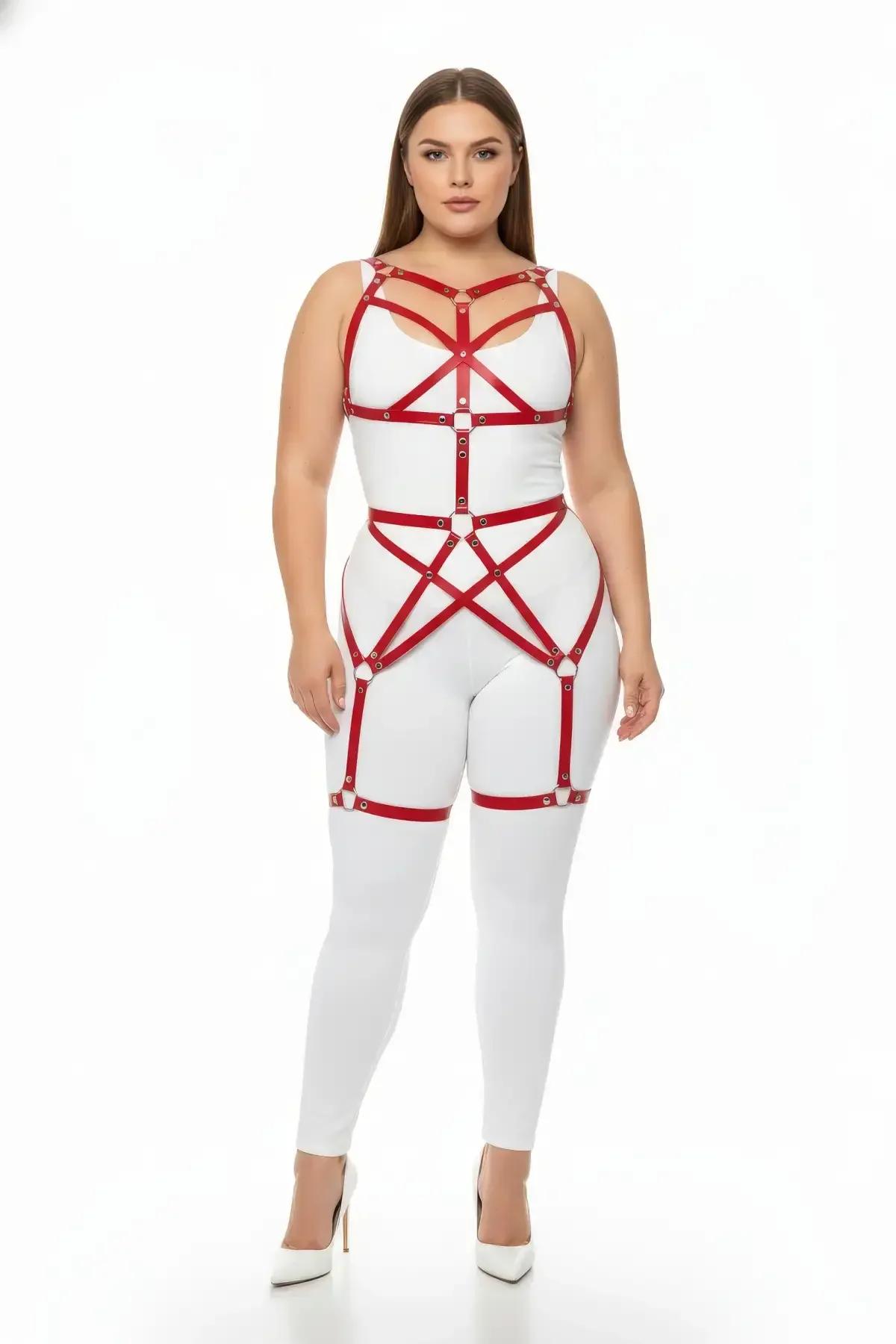 close-up of red faux leather strap junctions with silver eyelet hardware on full body harness chest section