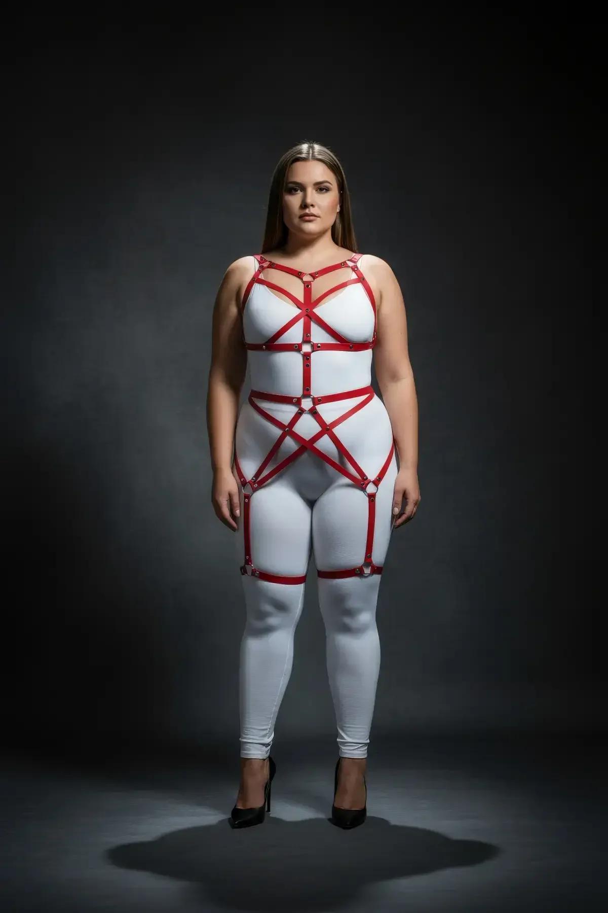 geometric star pattern of red vegan faux leather straps across midriff on body harness