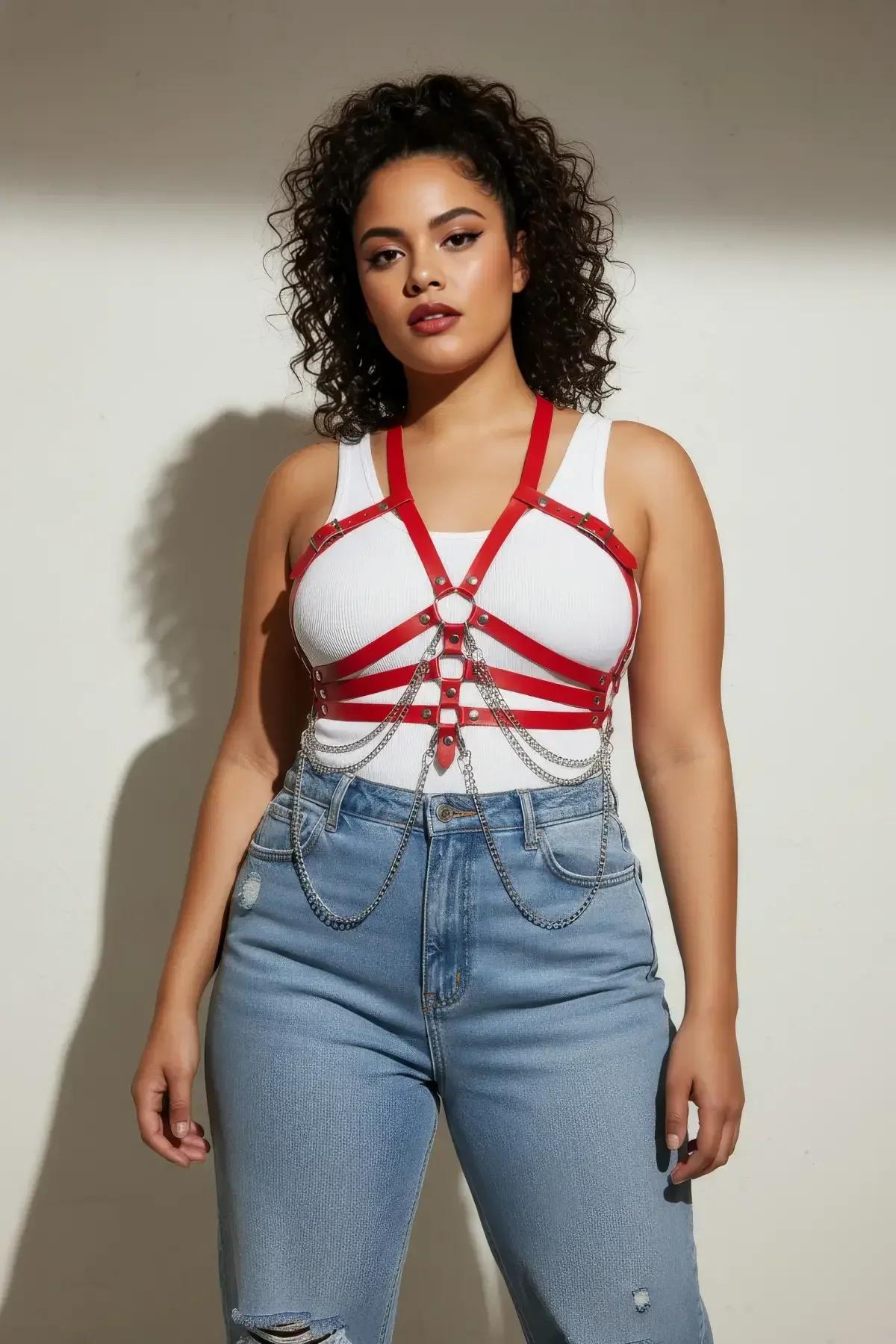 red strappy chest harness with layered chains styled over white blouse, festival fashion