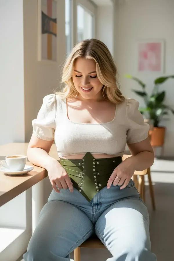 khaki faux leather waspie waist cincher with silver stud rows and pointed V-hem front panel