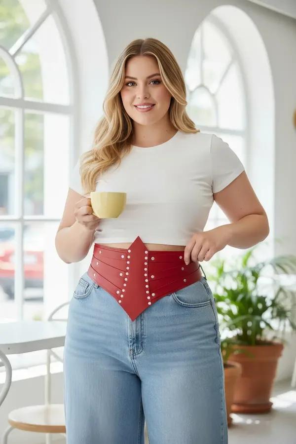 red faux leather waist harness corset belt with silver dome studs and pointed V-front panel worn over white crop top