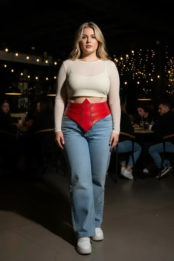 red faux leather waist harness corset belt with silver dome studs and pointed V-front panel worn over white crop top