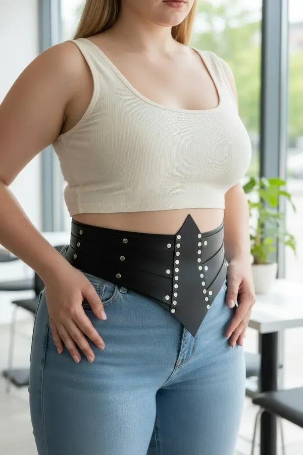 black faux leather wide waist harness corset with silver dome studs worn over white camisole and denim skirt
