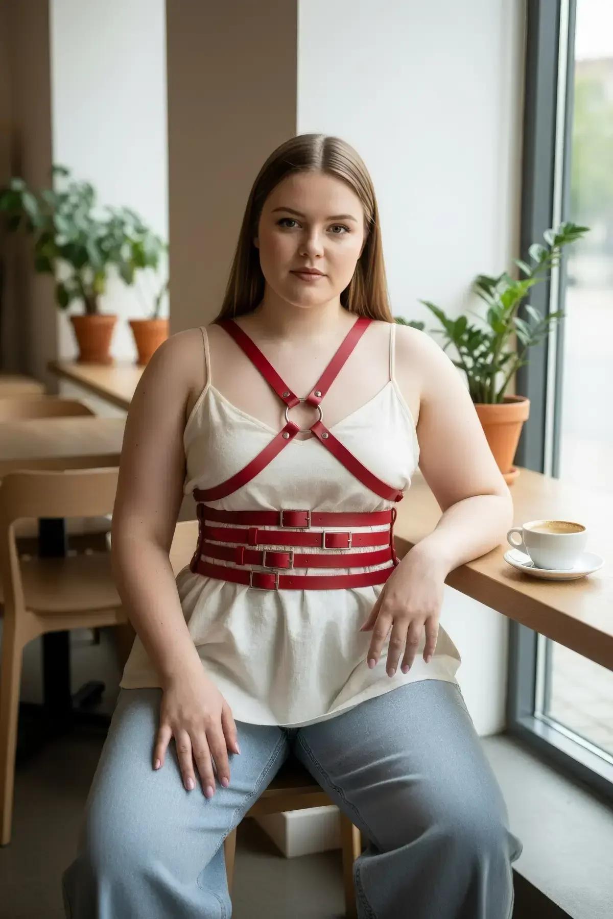 Red faux leather triple-strap waist cincher with three gold pin buckles detail shot