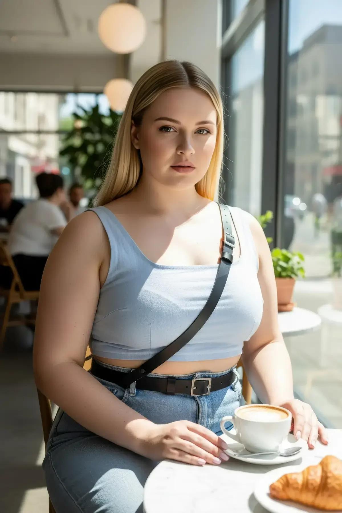 plus size model wearing black diagonal harness with wide cinch belt full length front view