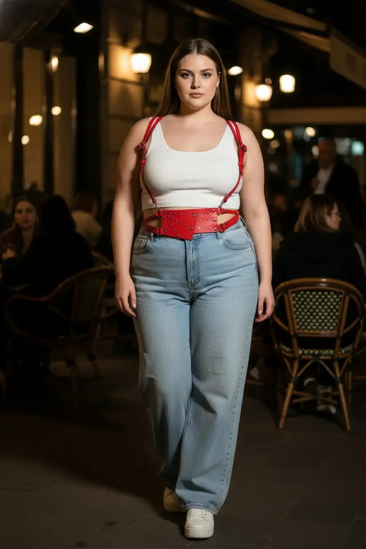 red studded underbust harness with wide straps detail showing silver grommet hardware on waistband