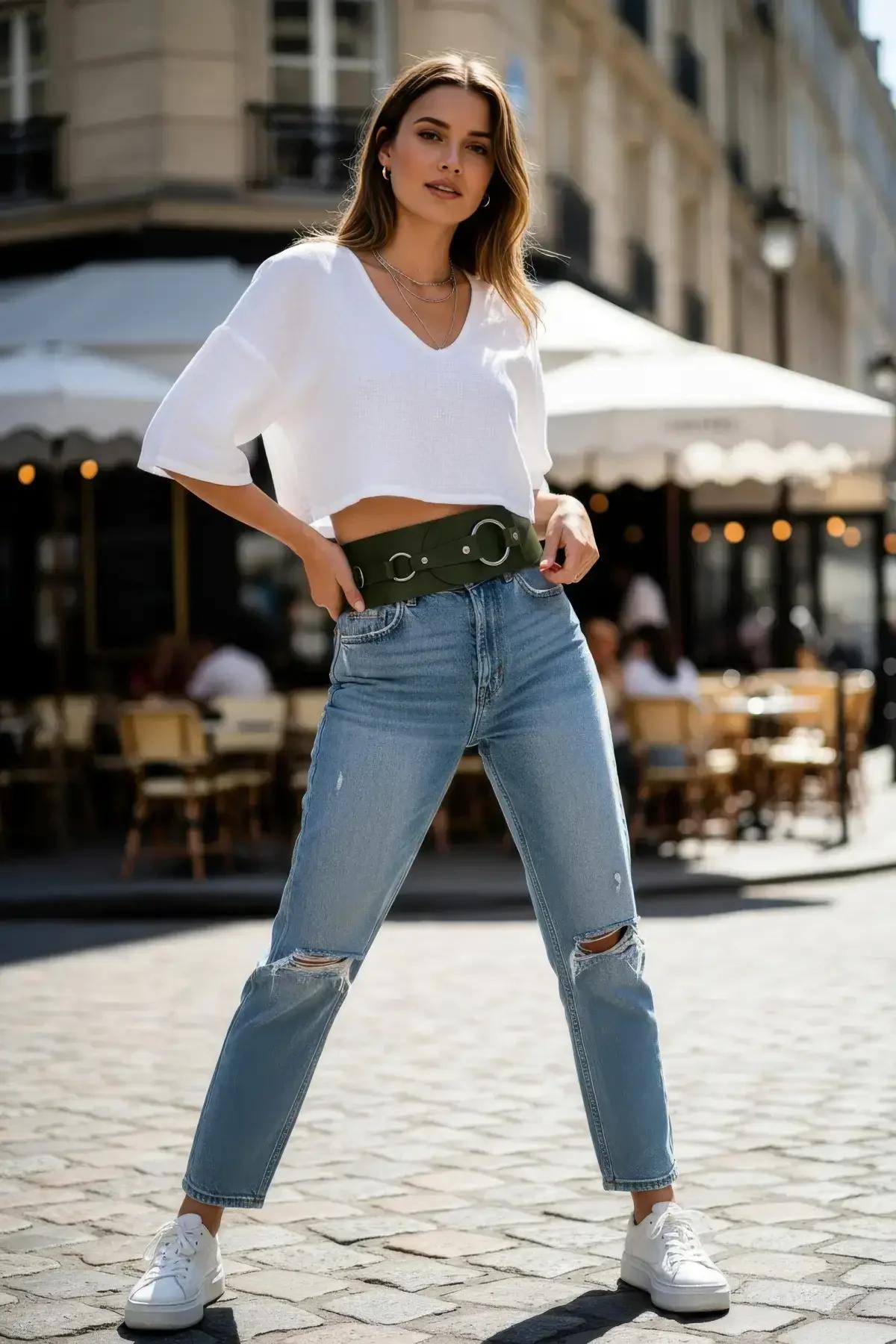 deep olive structured waist harness belt triple O-ring front view close-up on silver hardware detail