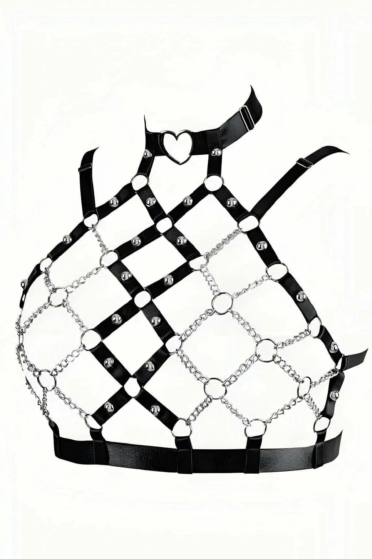 Choker yaka ve omuz bantları entegre siyah zincirli göğüs harness