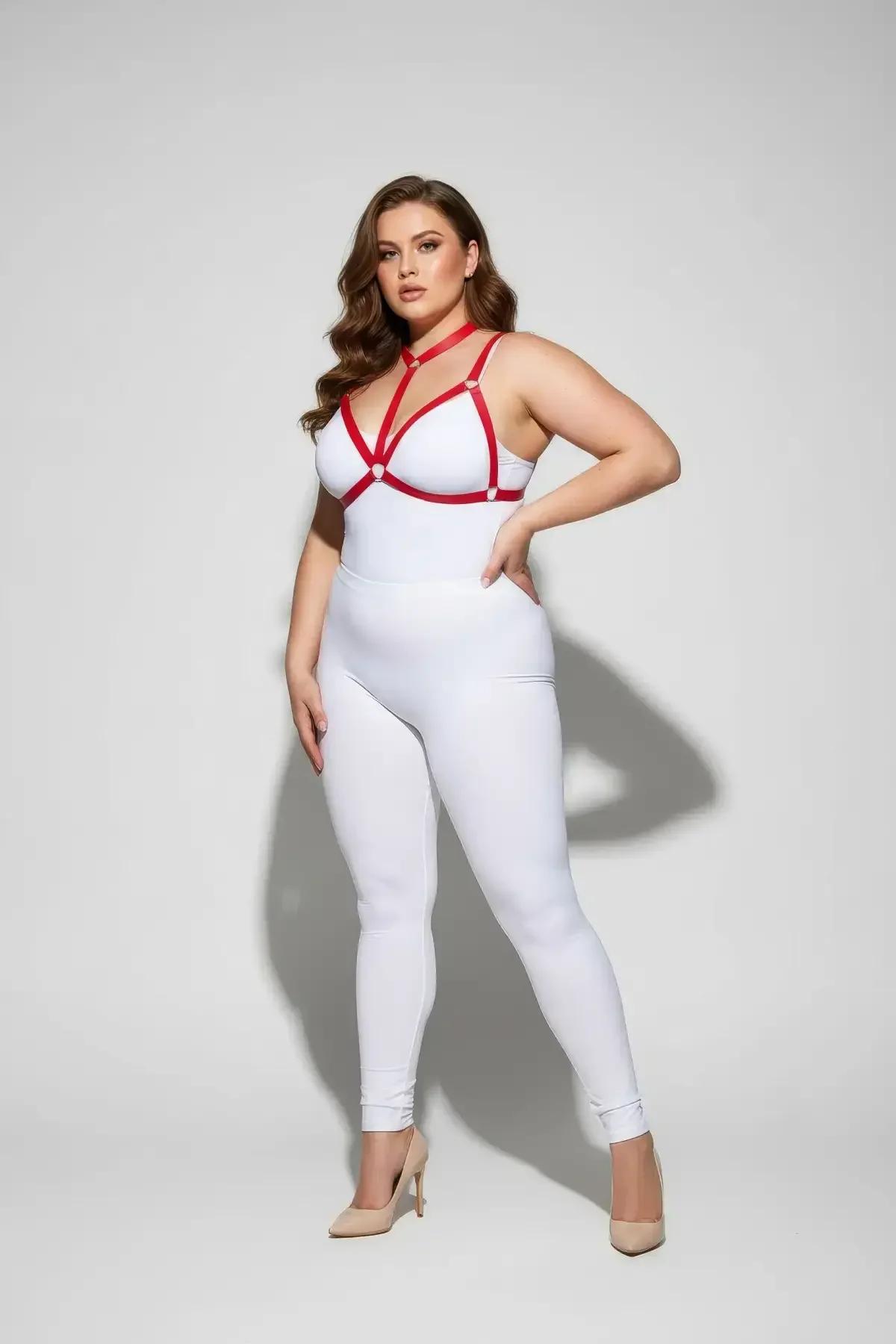 adjustable red strappy harness collarbone strap detail with sliding buckle, close-up