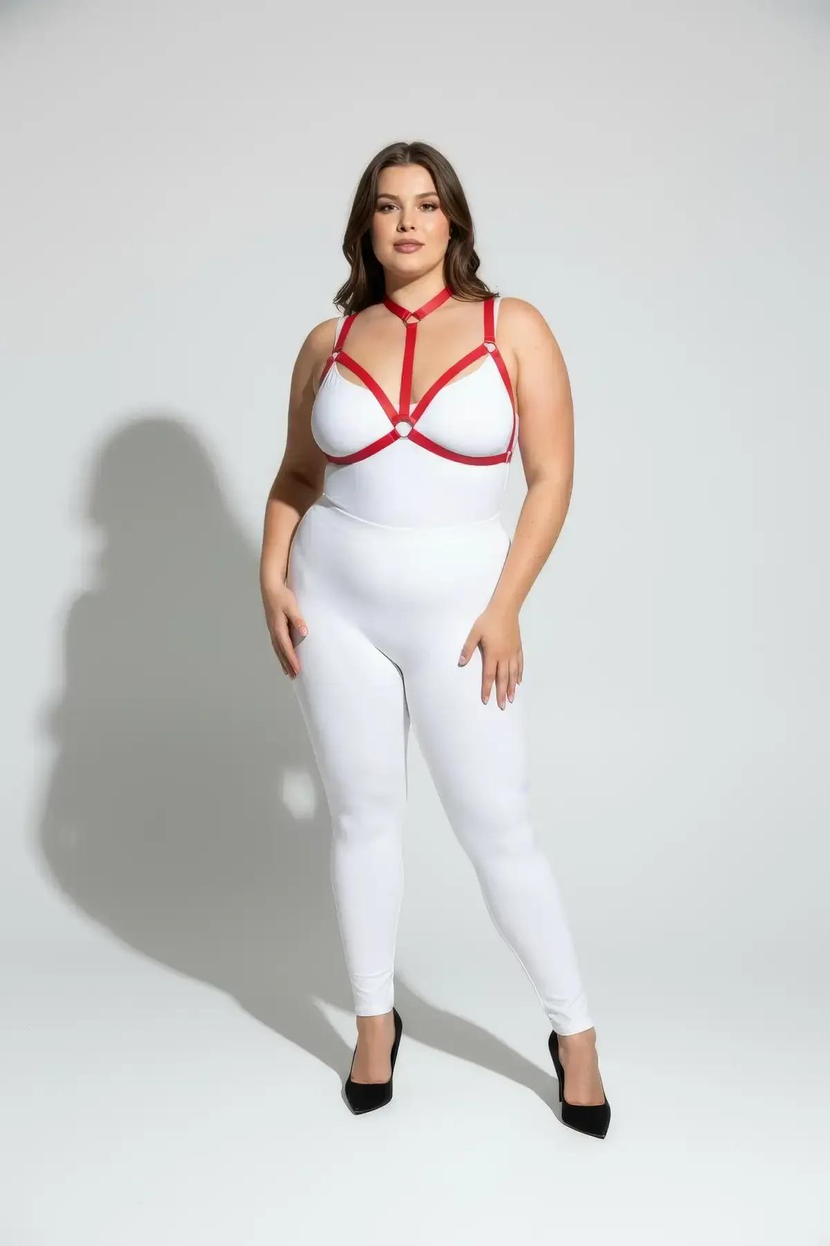 red faux leather chest harness gold O-ring accent at outer strap junction, side angle