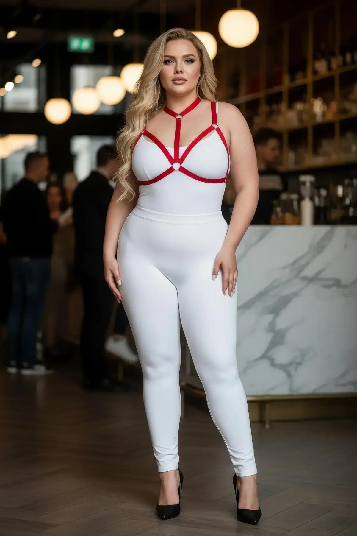 plus-size strappy red harness over white fitted bodysuit, full-length festival outfit styling