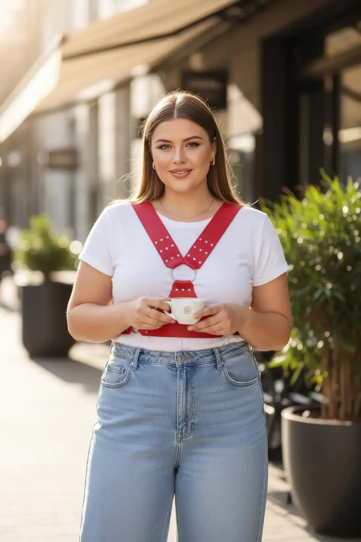 red vegan leather chest harness gold stud trim worn over white crop tee with jeans