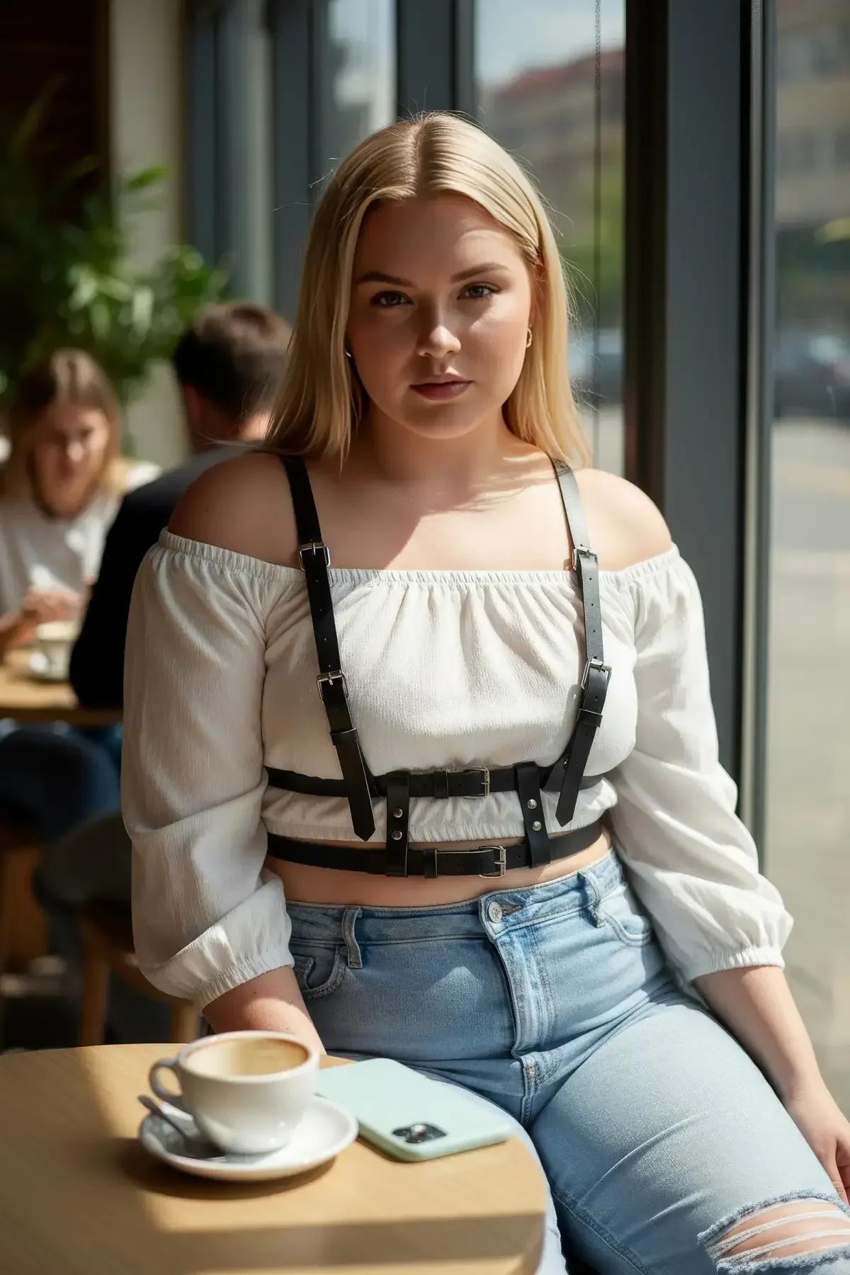 black strappy chest harness layered over white ribbed top street style