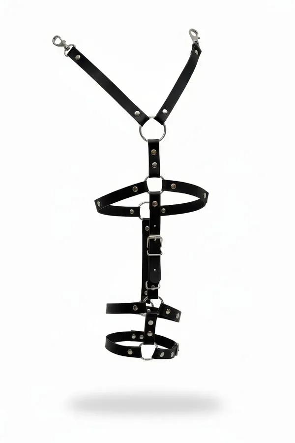 Siyah vegan deri jartiyer harness gümüş O-ring ve toka detaylı ayarlanabilir bel-bacak aksesuar