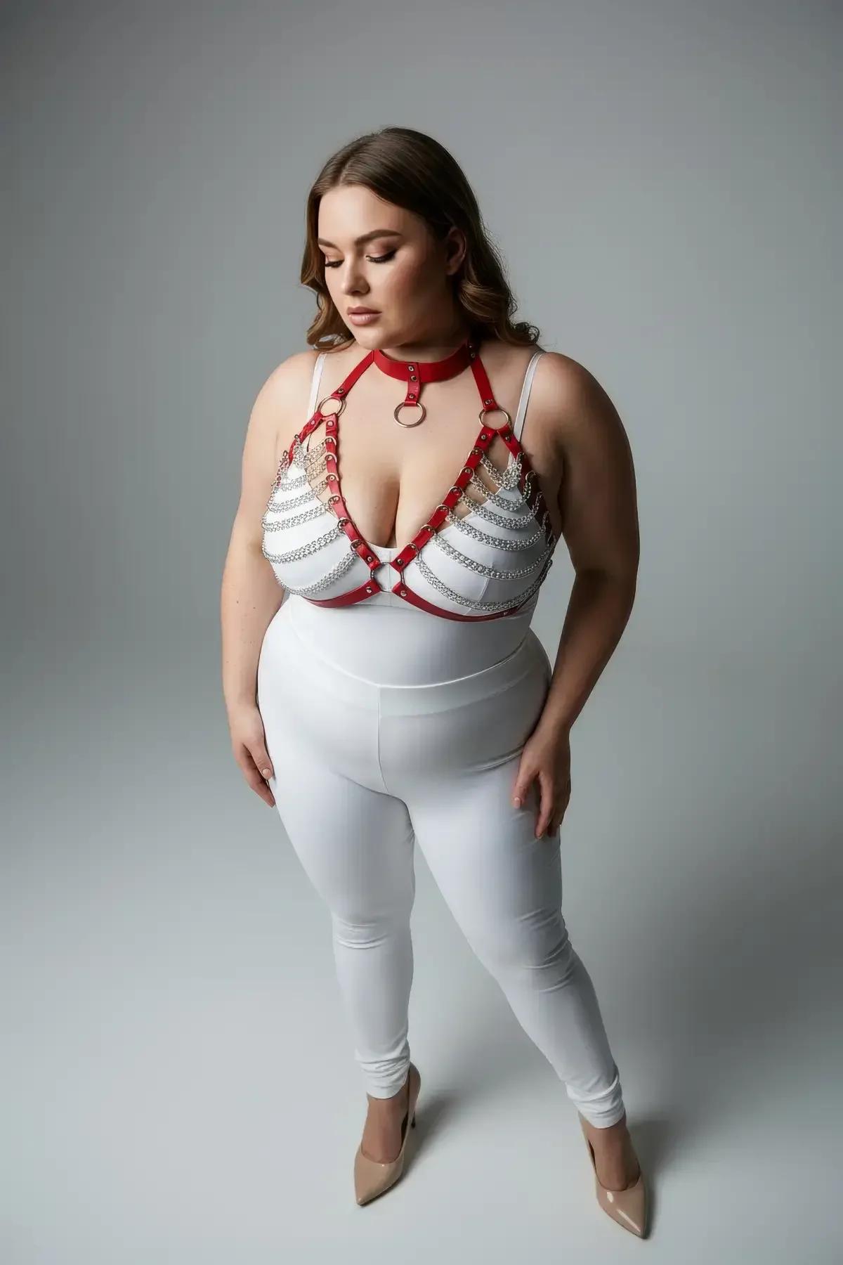 close-up of red faux leather straps and gold-tone chain drape on chest harness with O-ring detail