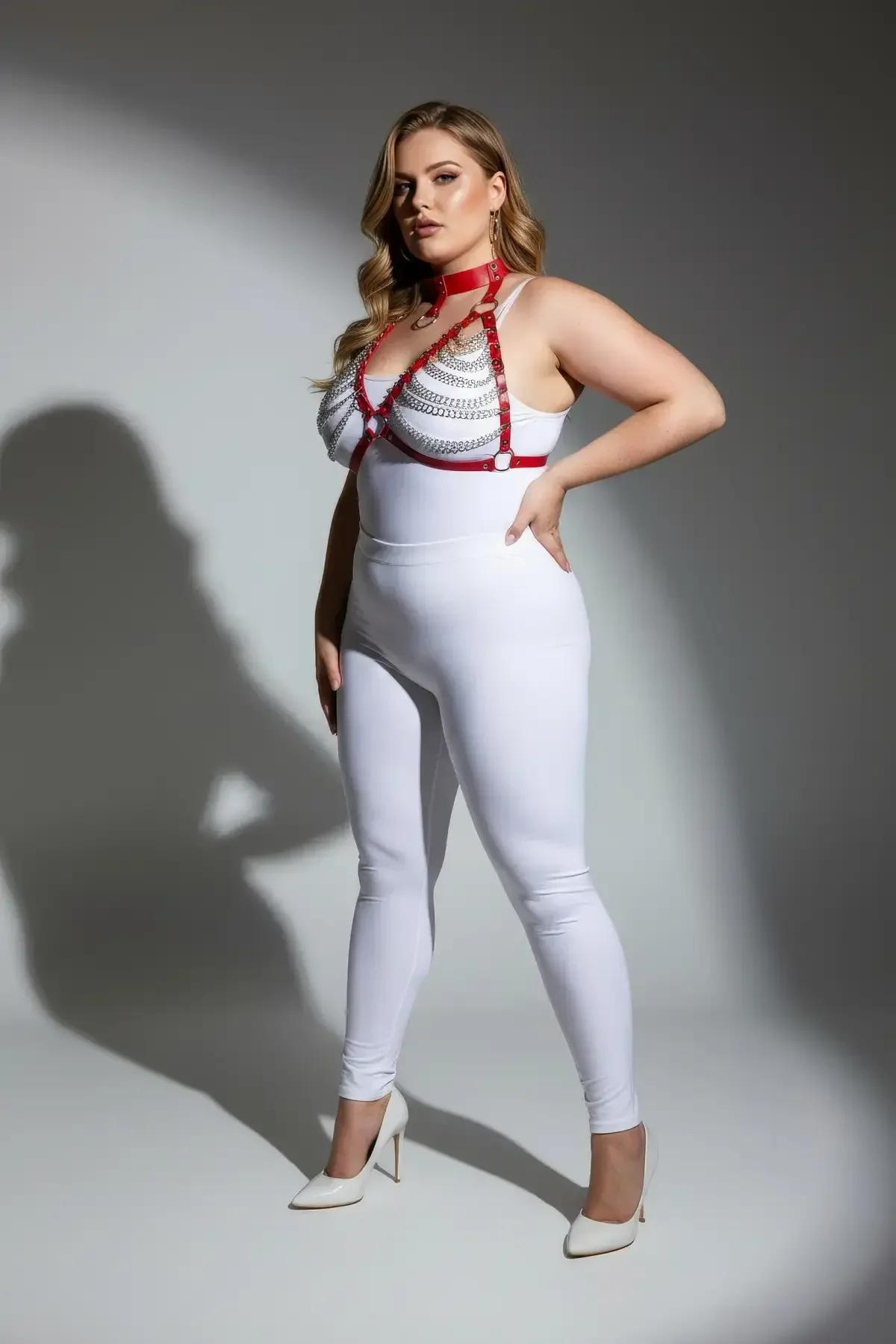 front view red chain body harness showing adjustable shoulder straps and underbust band with buckle closure