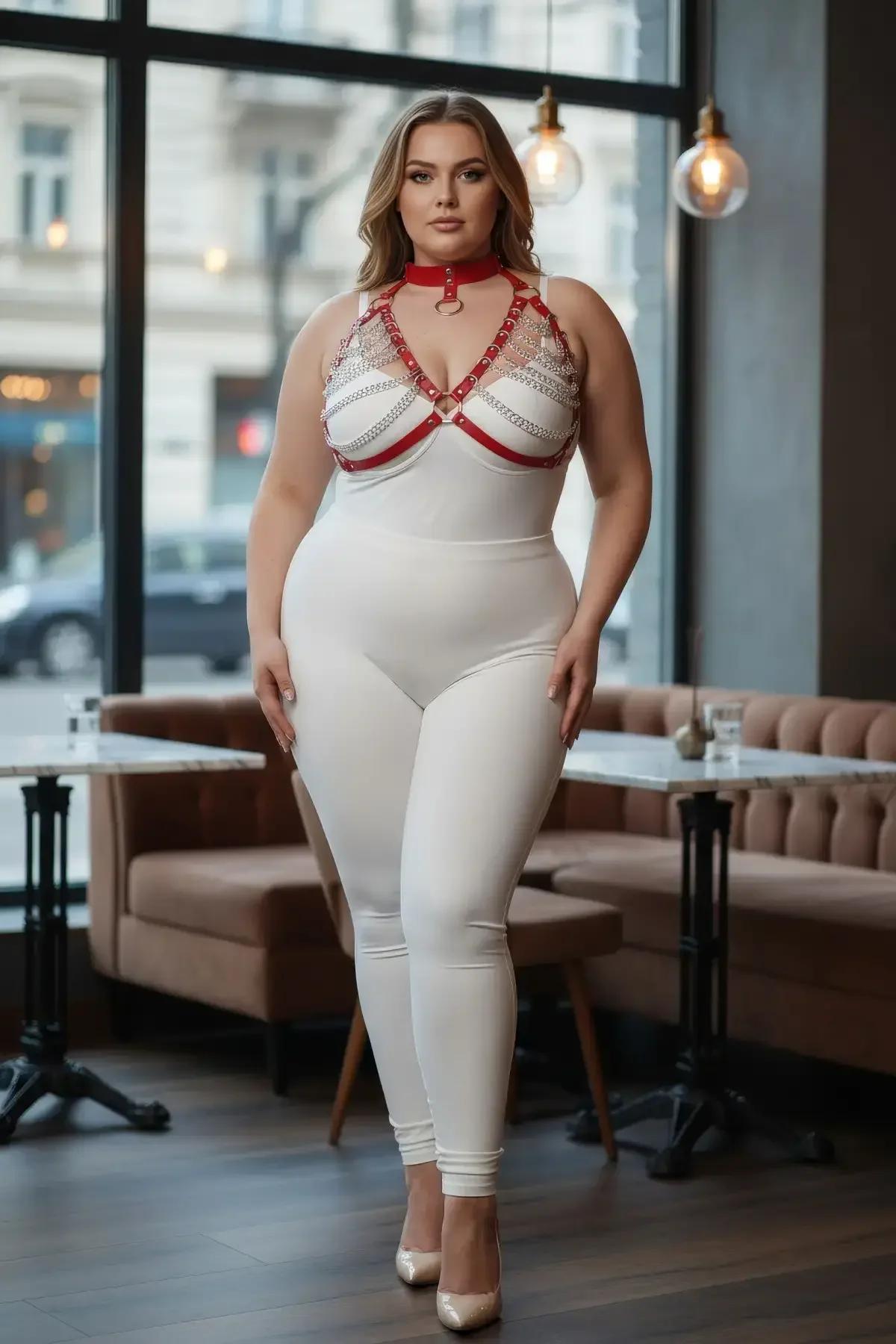 plus size model wearing red faux leather and gold chain harness showing XS-7XL adjustable fit