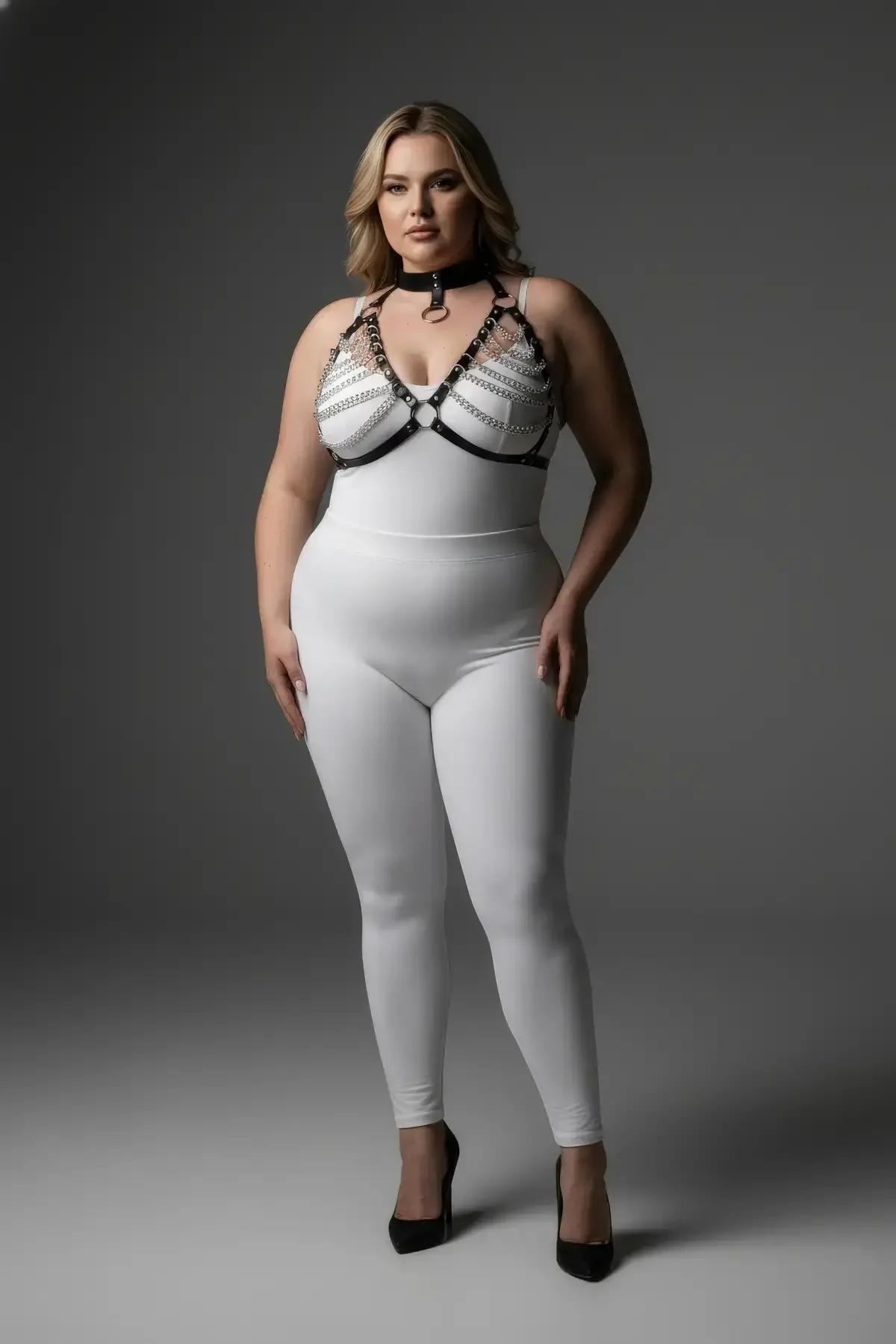 siyah harness takım ön görünüm gümüş zincir bantlar ve choker detayı büyük beden