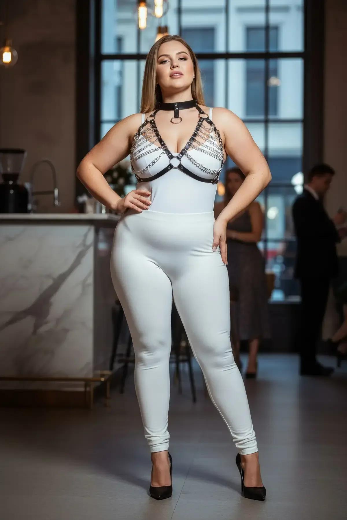 black chain chest harness layered over white bodysuit showing full silhouette and choker collar