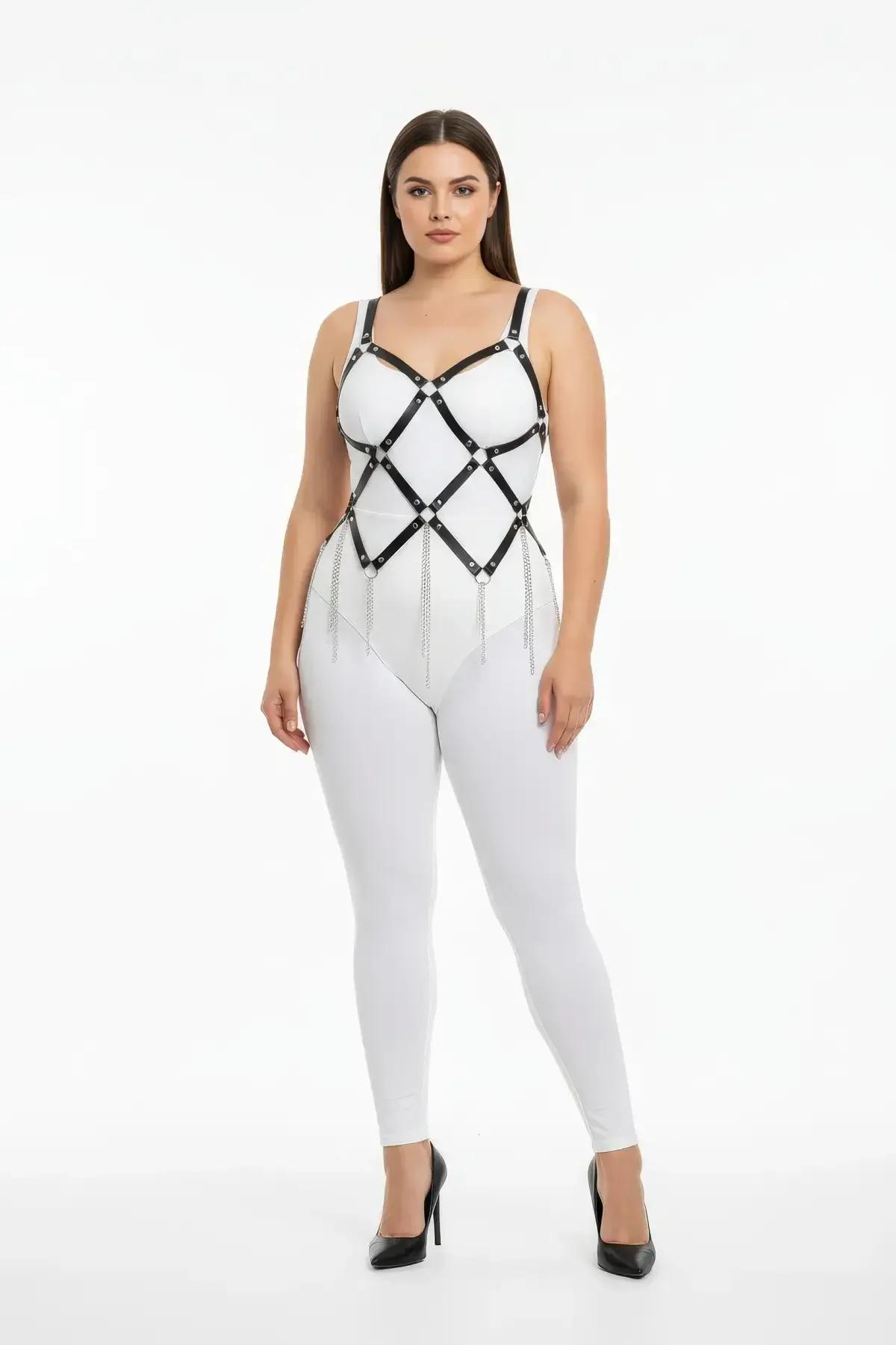 close-up black faux leather diamond lattice harness with silver dome rivets at strap intersections