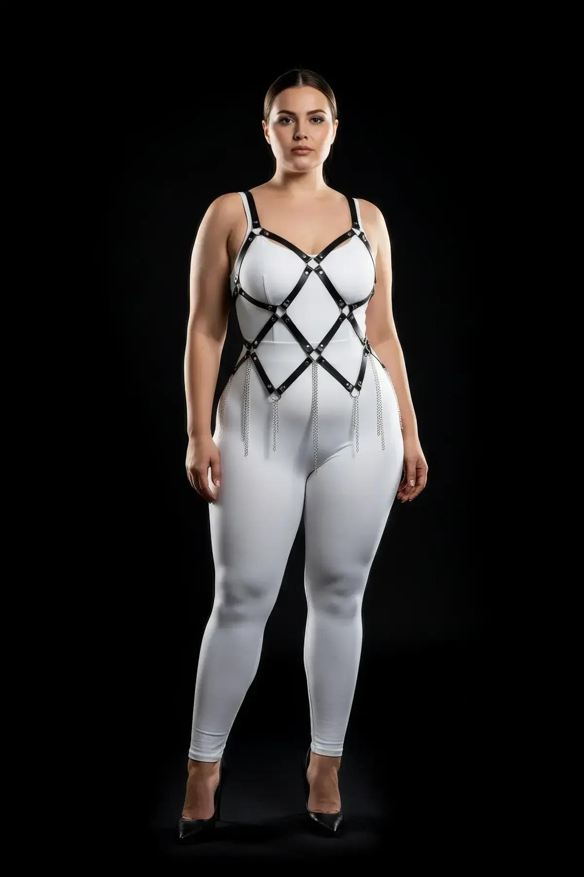 black full body harness silver chain fringe hanging from lower O-rings at waist