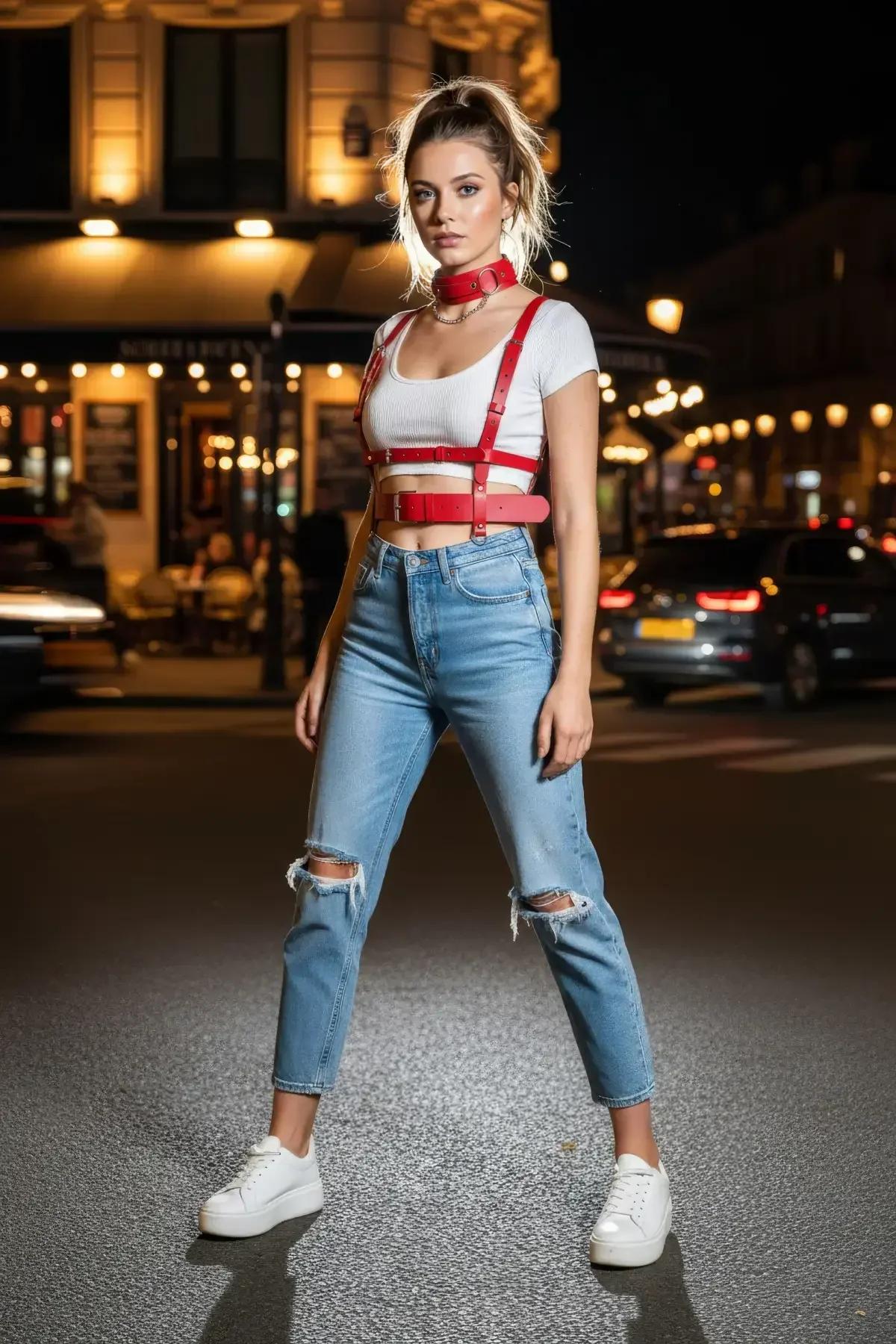 red vegan leather harness bra with wide waist belt panel and silver D-ring connectors front view