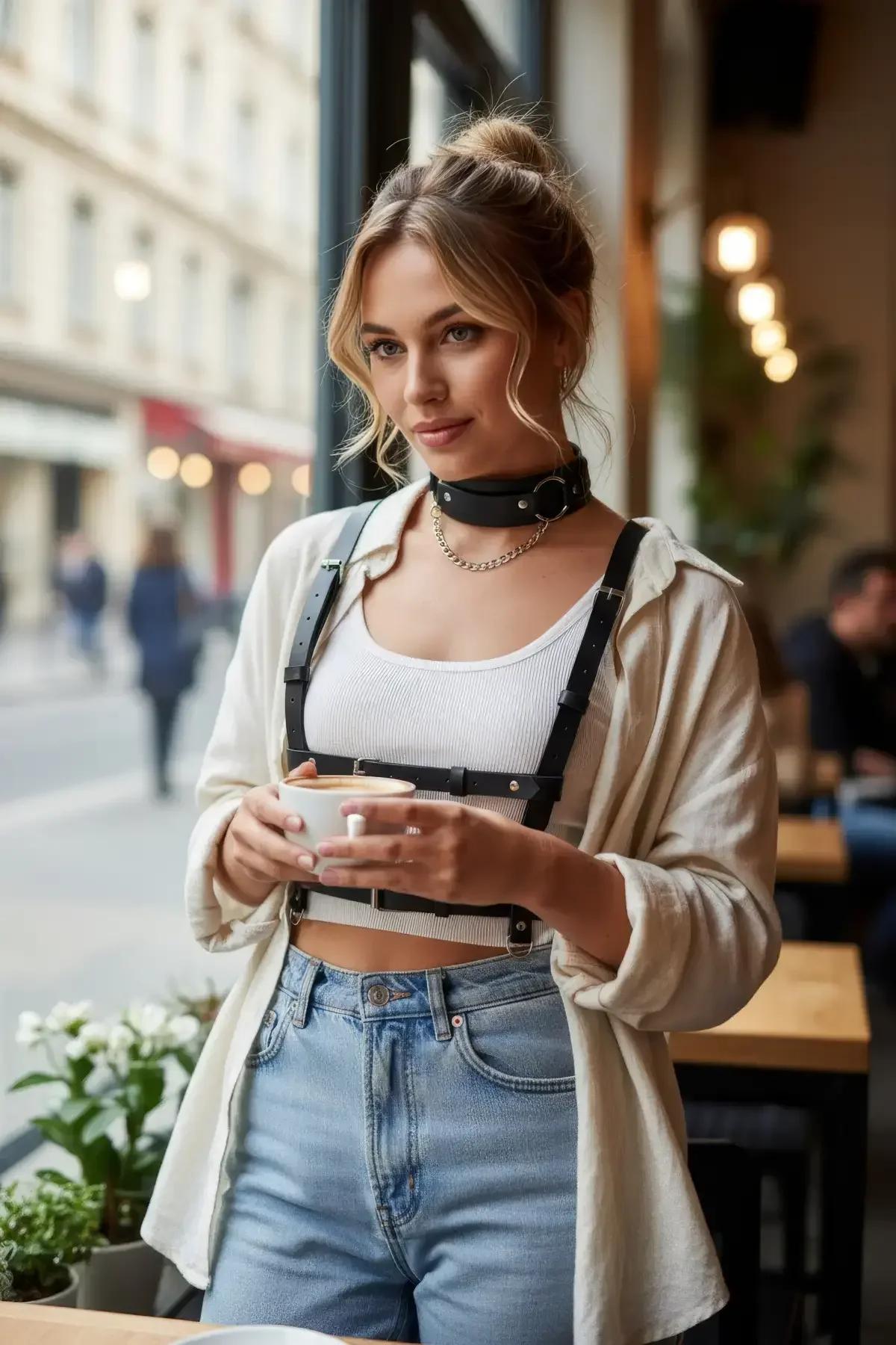 siyah vücut harness bel ayar tokası ve çift göğüs kayışı yan görünüm
