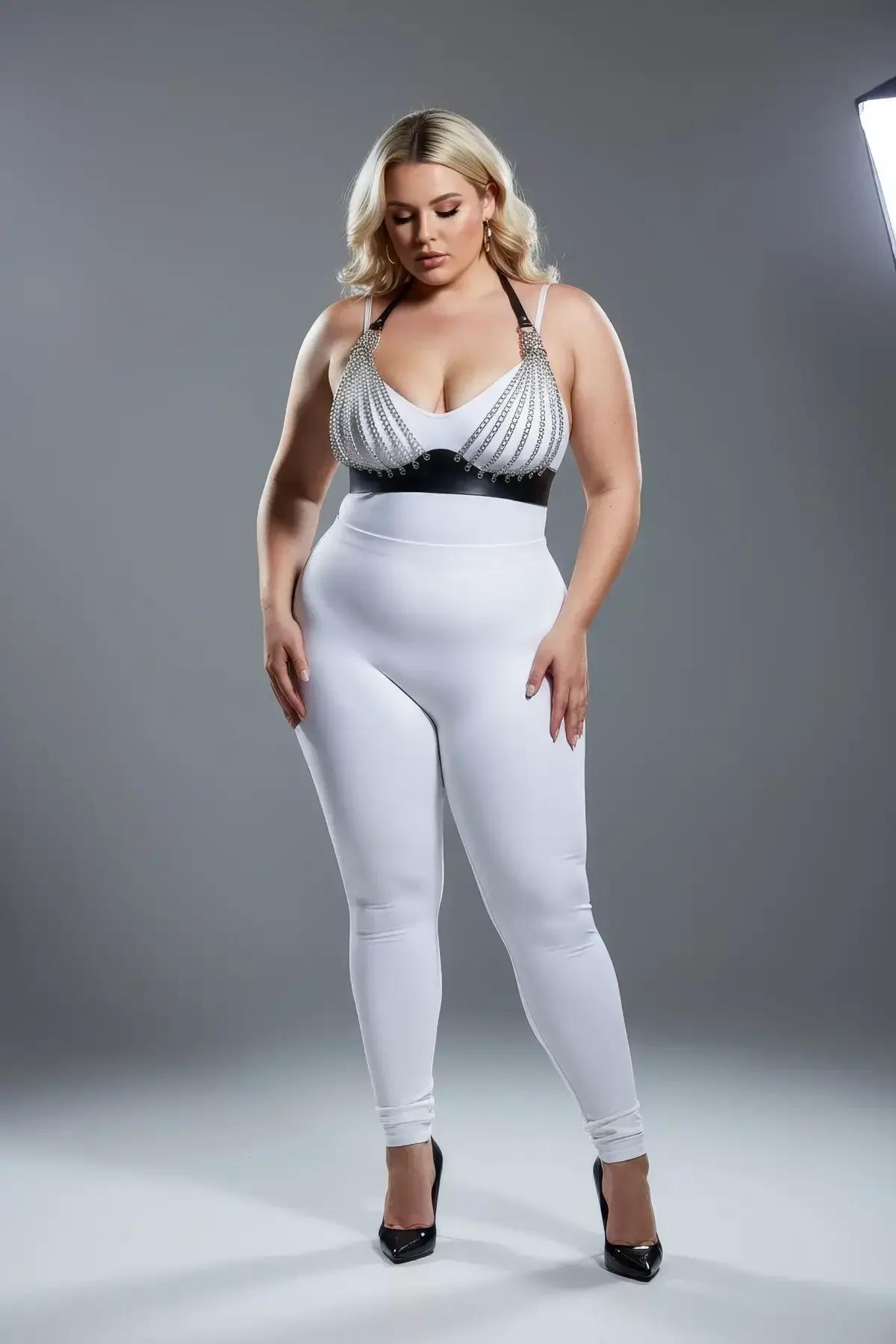 white faux leather chain harness bra styled over white high-waist trousers, boudoir fashion editorial
