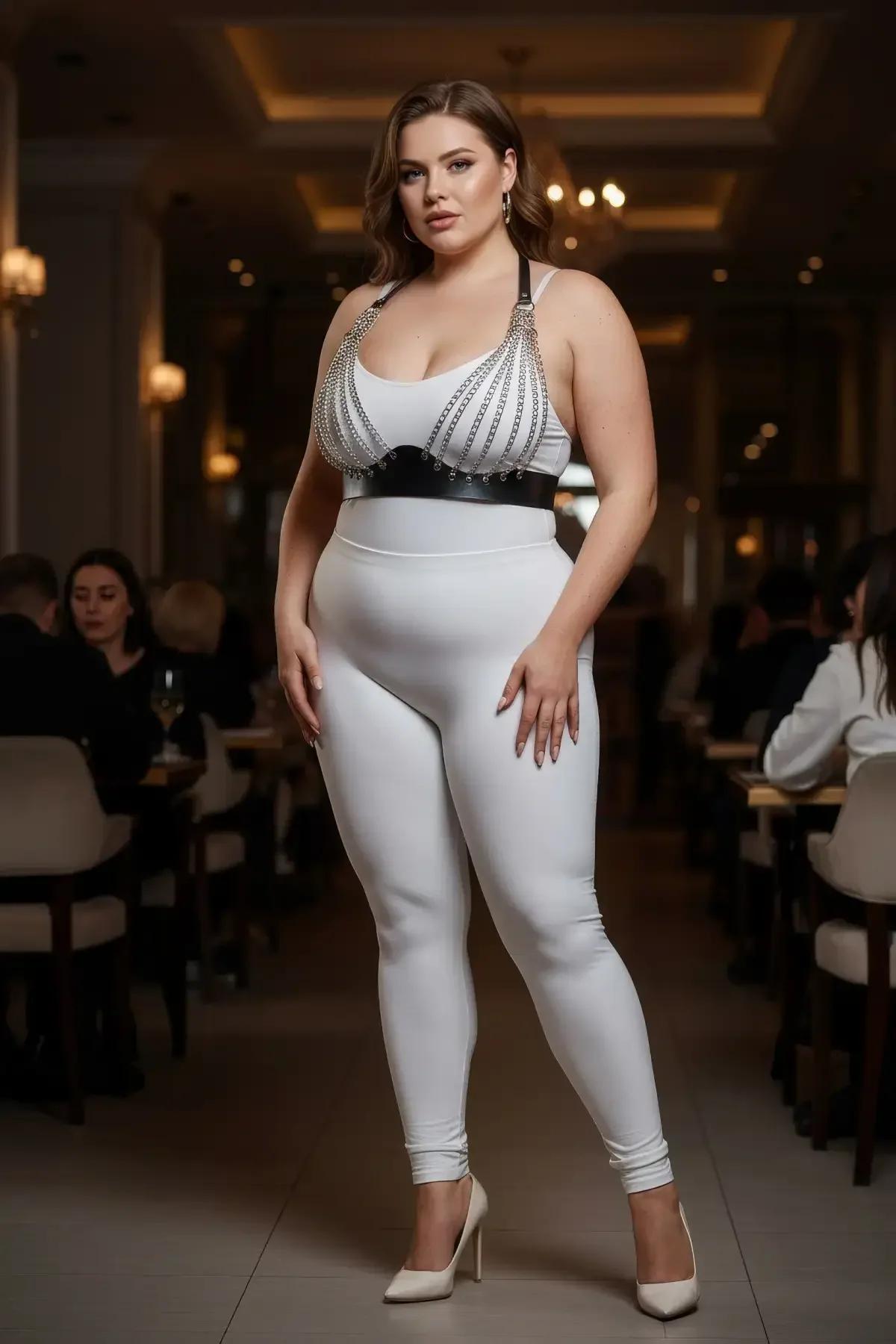 plus-size white chest harness with silver chain detailing and contrasting black band, front three-quarter angle